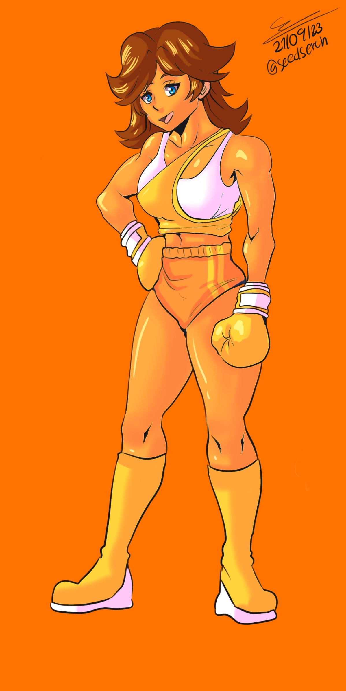 1girls blue_eyes boots boxing boxing_gloves breasts brown_hair clothing curvy female female_only full_body gloves looking_at_viewer mario_(series) midriff nintendo nintendo_switch open_mouth orange_background orange_shorts princess_daisy seedserch shorts shoulder_length_hair simple_background smile solo sports_bra standing tagme tan-skinned_female tan_skin thick thick_hips thick_thighs thighs wide_hips yellow_boots yellow_boxing_gloves yellow_gloves