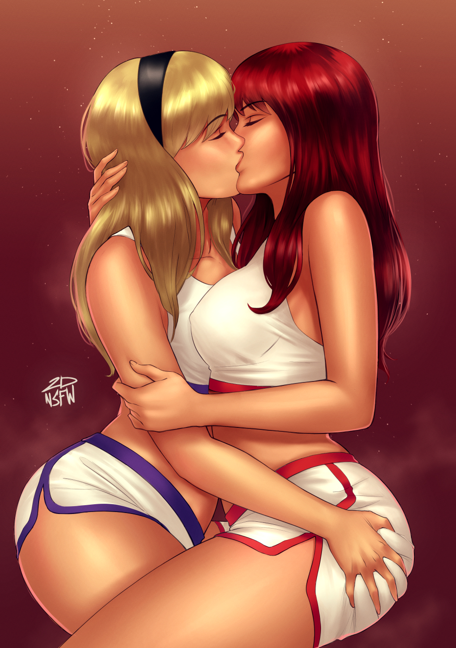 2dnsfw 2dswirl 2girls artist_name artist_signature ass_grab blonde_hair breast_press closed_eyes commission crop_top embrace erect_nipples_under_clothes french_kiss girl_kisses_girl grabbing_ass gwen_stacy gwen_stacy_(classic) gym_shirt gym_shorts gym_uniform hairband hand_on_another's_arm hand_on_another's_ass hand_on_another's_head hug kiss large_breasts long_hair marvel marvel_comics mary_jane_watson medium_breasts multiple_girls night outdoors passionate_kiss red_background red_hair redhead shirt shorts sky spider-man_(series) stars thighs yuri