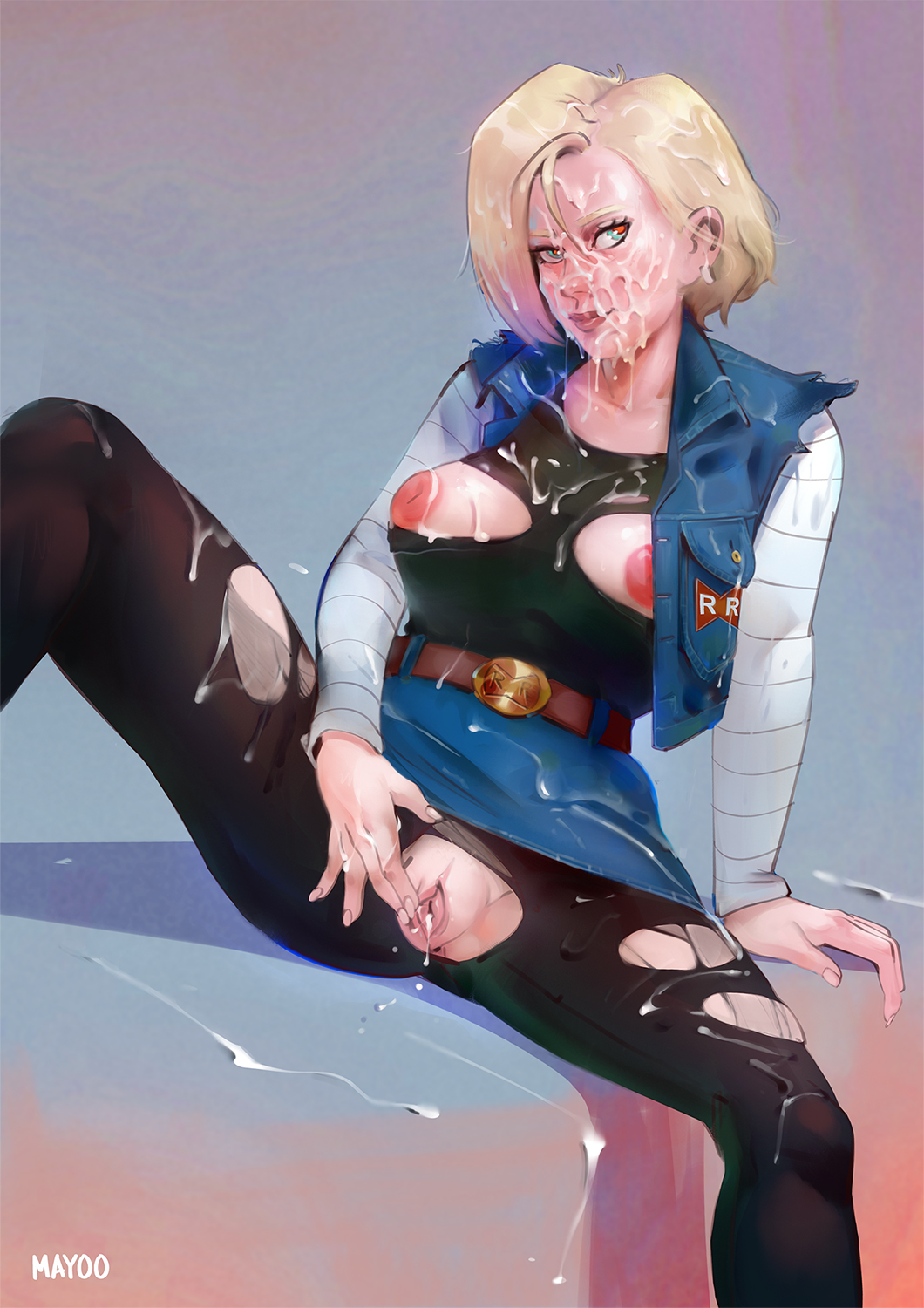 android_18 blonde_hair blue_eyes breasts breasts_out bukkake clothed_female cum cum_everywhere cum_in_hair cum_in_pants cum_in_pussy cum_inside cum_on_body cum_on_breasts cum_on_clothes cum_on_face cum_on_thighs dragon_ball dragon_ball_z facial masturbation mayoo milf pussy pussy_exposed ripped_clothes torn_clothing