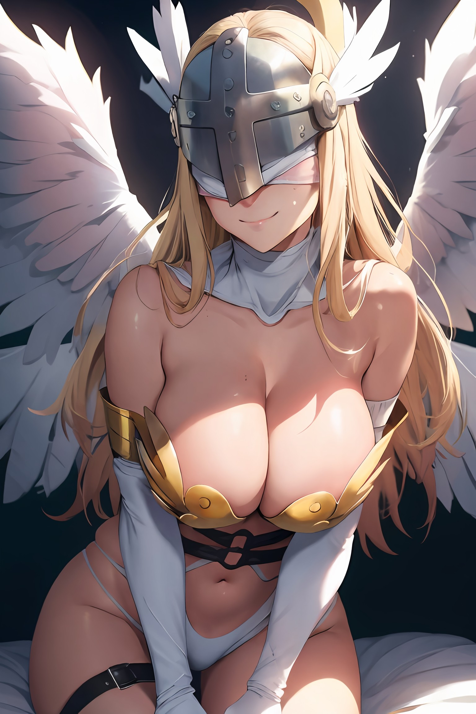 4 wings, ai generated, angel, angewomon, big breasts, breasts, digimon, eyes covered, female, female only, mask, milf, multi wing, tagme, wings