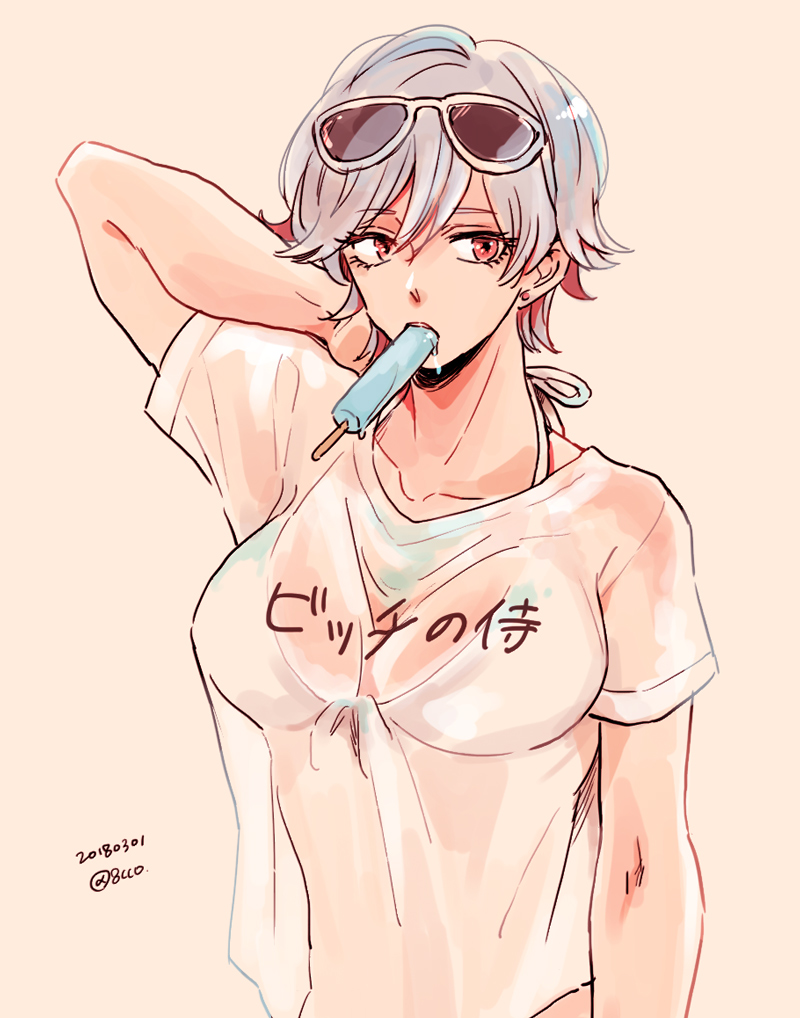 8cco bikini_top canon_genderswap female female_only genderswap_(mtf) ginko_sakata gintama gintoki_sakata medium_breasts phallic_symbol popsicle red_eyes rule_63 see-through_clothing sexually_suggestive short_hair silver_hair sunglasses sunglasses_on_head t-shirt very_short_hair wet_clothes wet_shirt white_hair