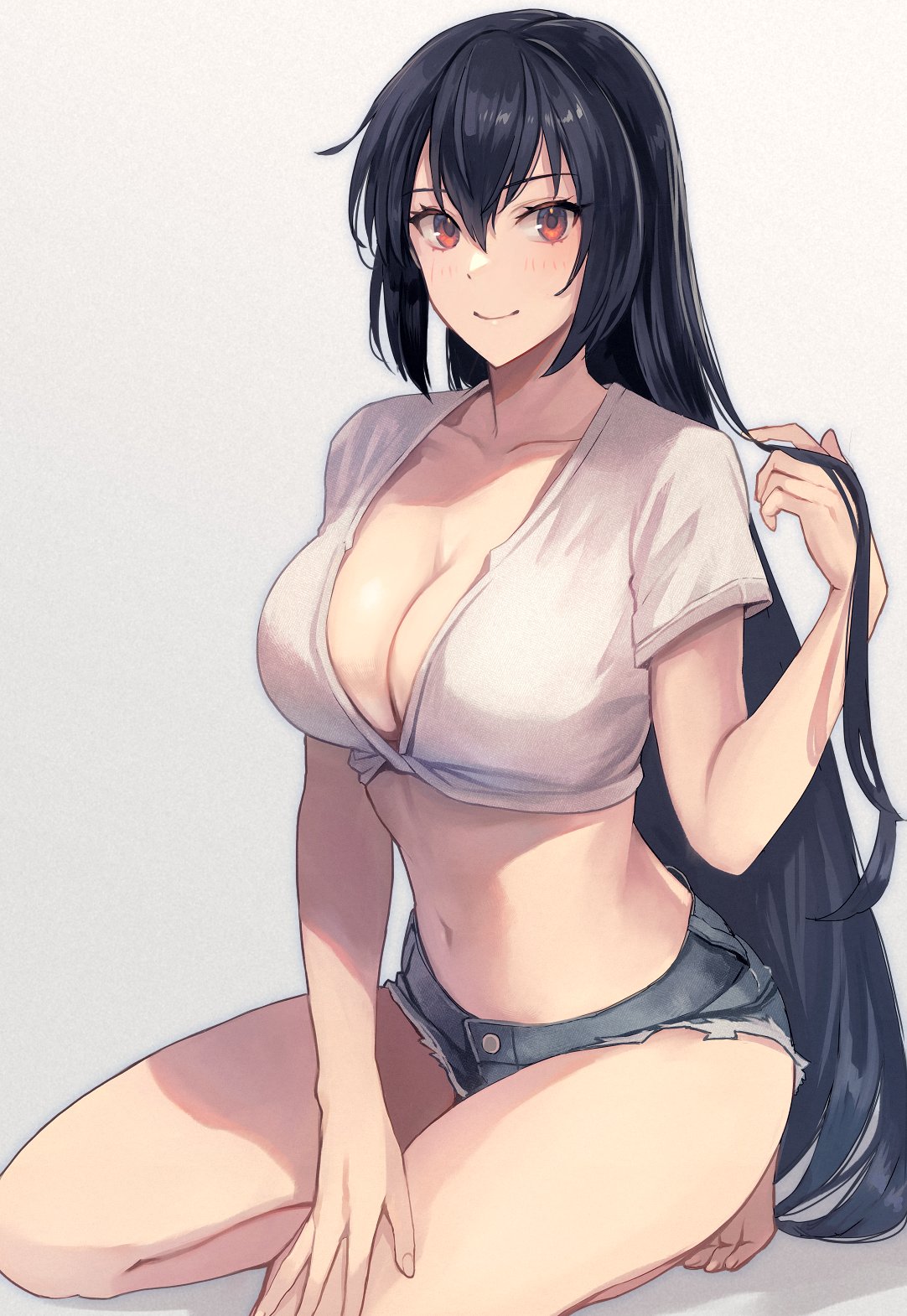 black_hair hotpants kasumi_(skchkko) large_breasts light-skinned_female long_hair nagato_(kantai_collection) tank_top thighs wide_hips