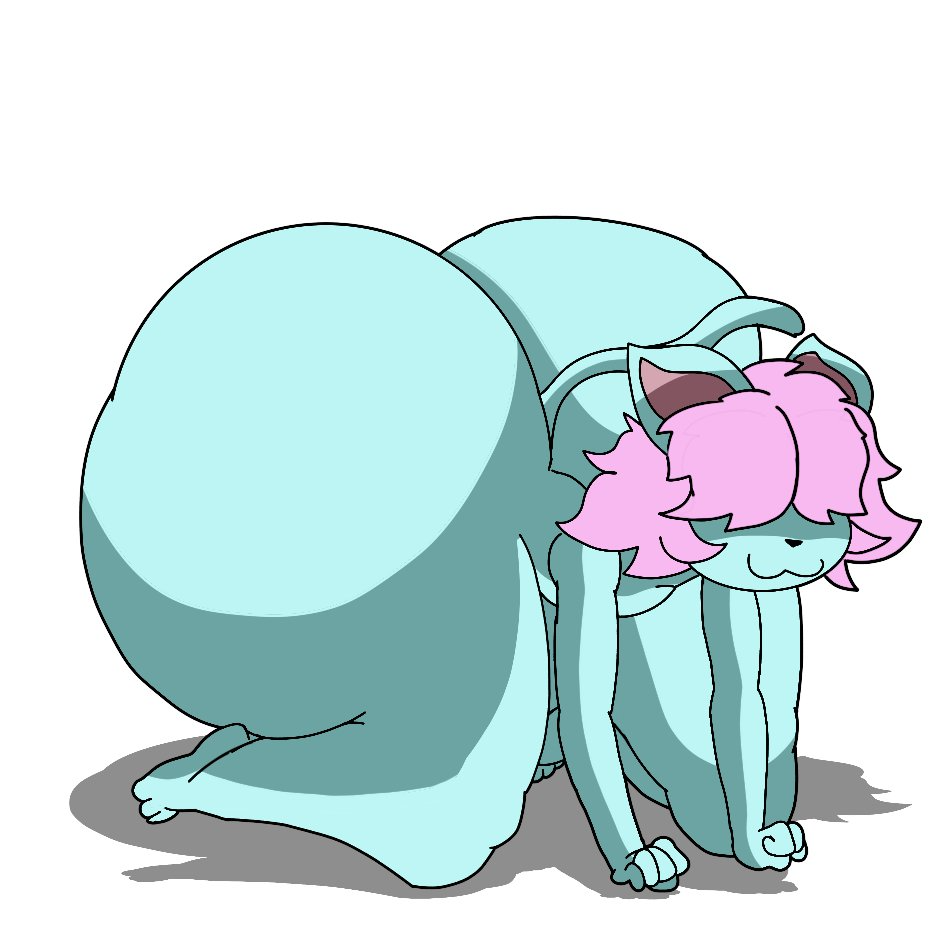 :3 anthro blue_fur cat_ears cat_tail covered_eyes enormous_butt femboy furry furu_flami furu_ice hyper_ass pink_hair white_background