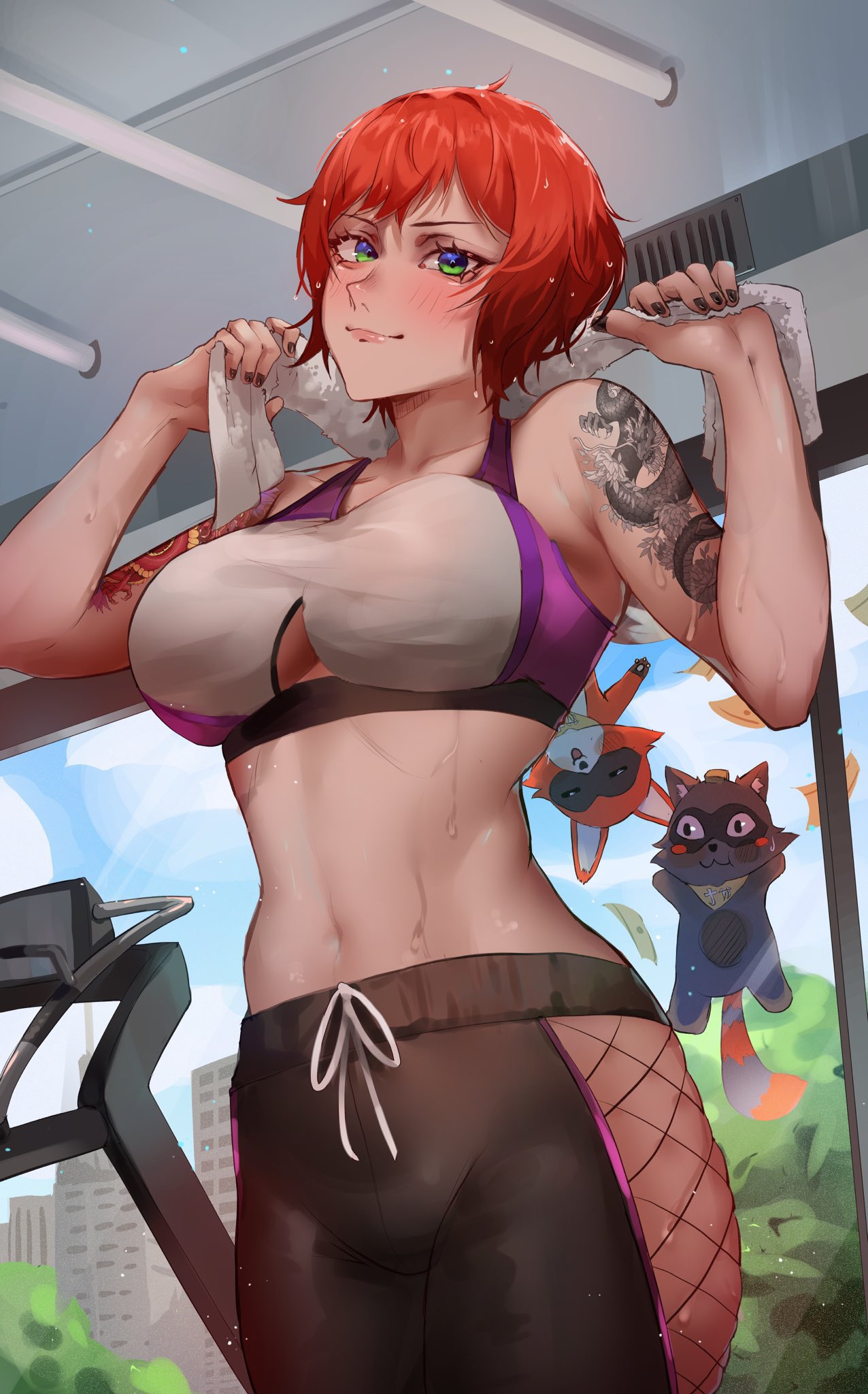 blue eyes, breasts, elly (vtuber), female, green eyes, gym, gym clothes, indie virtual youtuber, jayvee, large breasts, leggings, looking at viewer, mesh clothing, multicolored eyes, pale skin, public, red hair, scantily clad, short hair, sweat, tagme, tattoo, tattooed arm, tattoos, towel, virtual youtuber