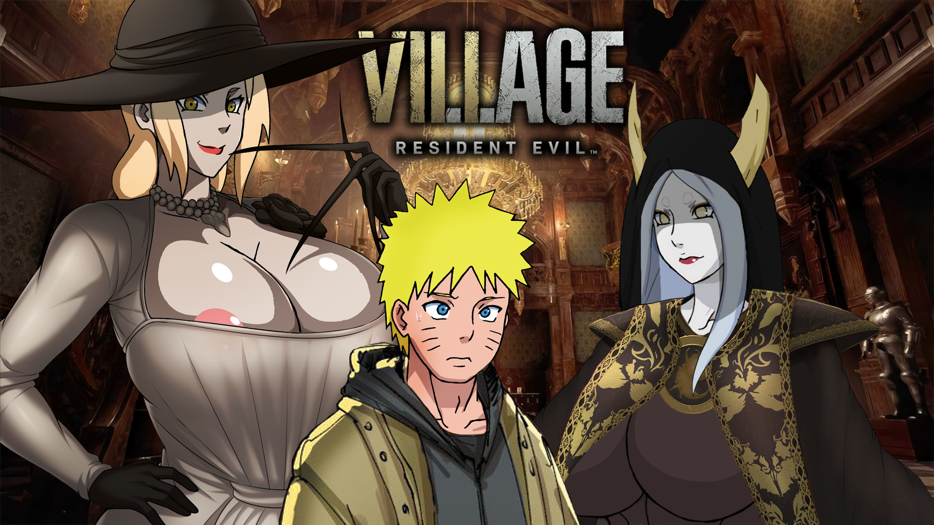 1boy, 2girls, alcina dimitrescu (cosplay), alien girl, big breasts, blonde hair, blue eyes, breasts, edited, ethan winters (cosplay), eyebrows, female, male, mature female, milf, mother miranda (resident evil) (cosplay), naruho, naruto, naruto (series), otsutsuki kaguya, purple eyes, resident evil, resident evil 8: village, tagme, taller female, thick thighs, tsunade, uzumaki naruto