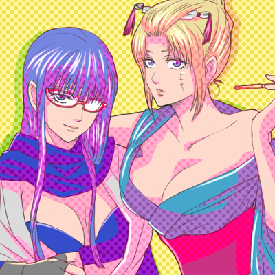 1:1 2girls 3mm blonde_hair bra cleavage facial_scar female female_only gintama glasses hair_ornament japanese_clothes kimono kiseru long_hair looking_at_viewer no_bra pipe purple_hair sarutobi_ayame scarf screentone smile smoking smoking_pipe tagme tied_hair tsukuyo upper_body yellow_background