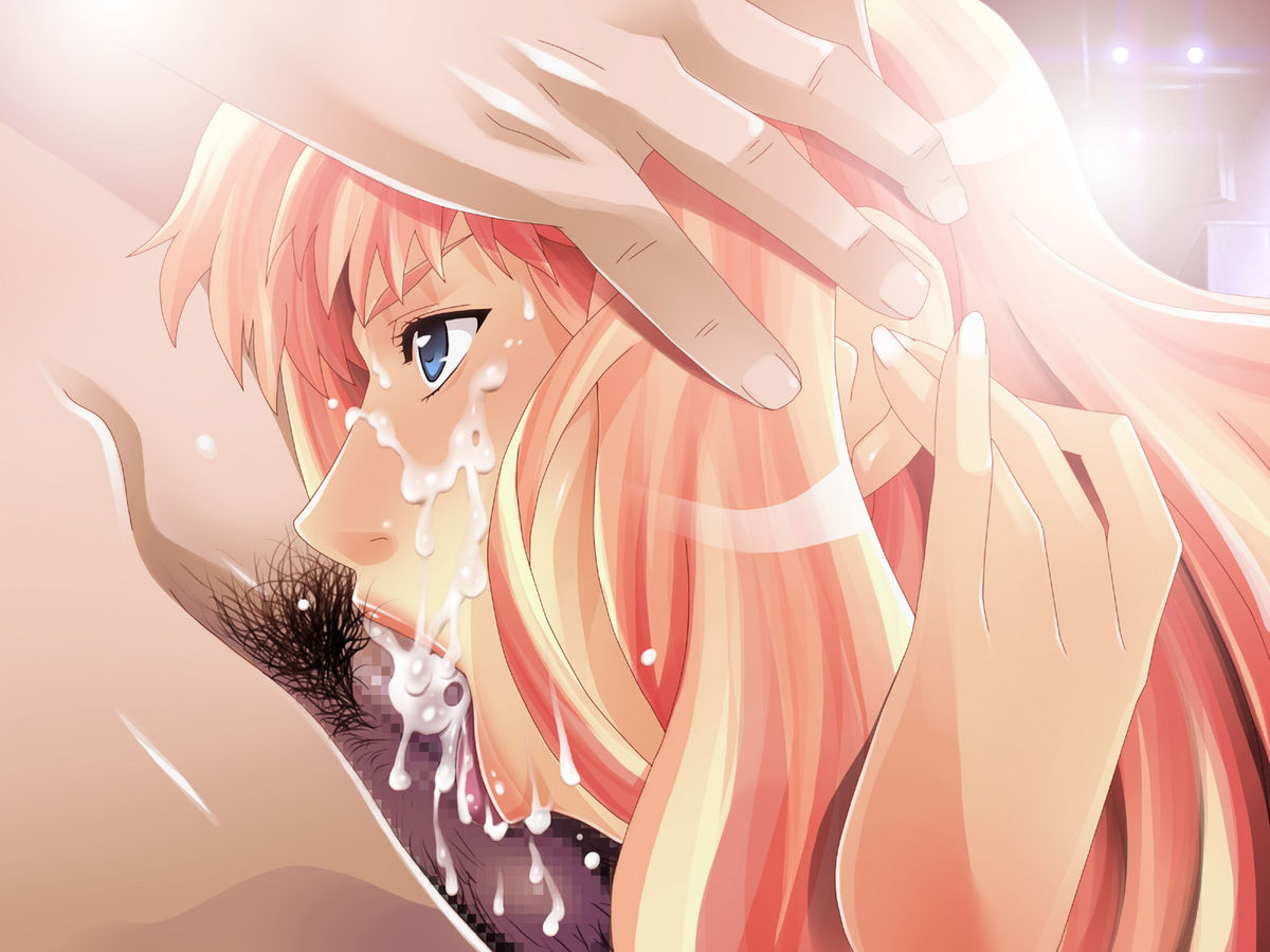 adjusting_hair blue_eyes censored cum cum_in_mouth cum_on_face deepthroat facial fellatio hair iroiro macross macross_frontier male oral pink_hair pubic_hair sheryl_nome