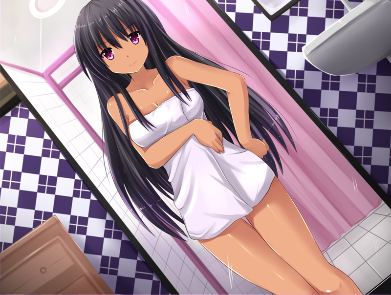 1girls bathroom big_breasts black_hair dutch_angle female female_only huniepop kyanna_delrio latina long_hair purple_eyes solo towel unknown_artist violet_eyes