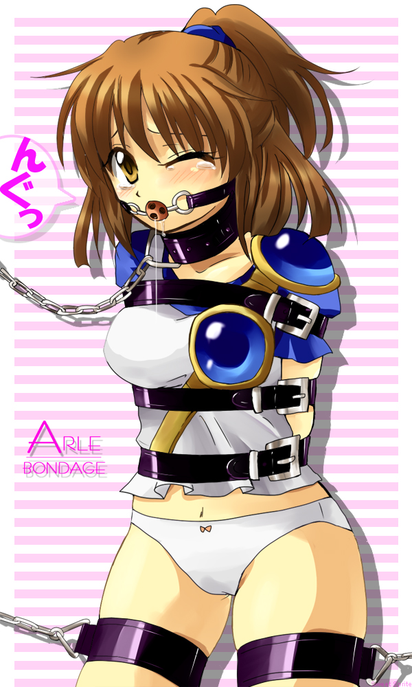 arle_nadja arms_behind_back ball_gag bondage chains collar female gag gagged madou_monogatari puyo_puyo puyo_puyo_fever saliva tears whiffle_ball