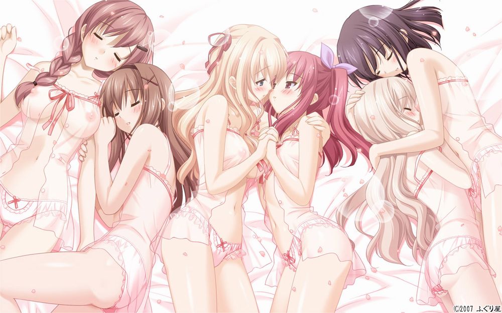 bed black_hair blonde_hair blue_eyes blush bra braid brown_hair cg closed_eyes cousins eroge female fuguriya game_cg green_eyes incest kawamura_reo kitajima_kaede kitajima_sara matsubara_yuna multiple_girls navel nipples oda_nanami oppai panties purple_eyes red_eyes red_hair sakura sawaguchi_mai schoolgirl sleeping sono_hanabira_ni_kuchizuke_wo yuri