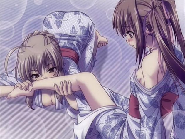 2girls akai_ito asama_sakuya barefoot breasts cleavage feet female foot_worship game_cg hatou_kei japanese_clothes kimono kiss large_breasts licking licking_foot long_sleeves medium_breasts multiple_girls off_shoulder sideboob twintails yasaka_minato yuri