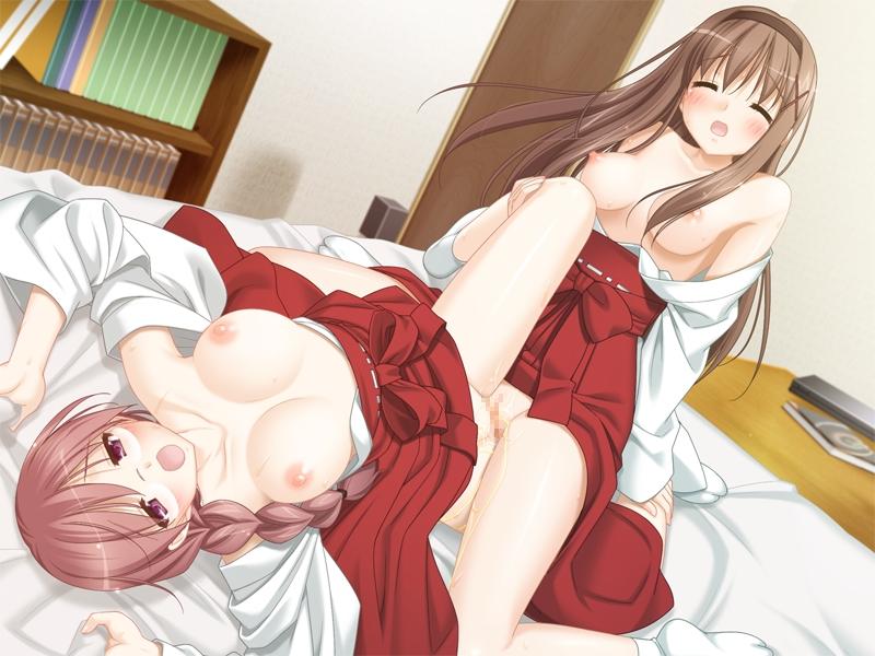 bed blue_eyes blush braid brown_hair cg closed_eyes cousins eroge female fuguriya game_cg hakama incest kitajima_kaede kitajima_sara lying megane miko multiple_girls nipples oppai purple_eyes red_hair schoolgirl sitting socks sono_hanabira_ni_kuchizuke_wo yuri