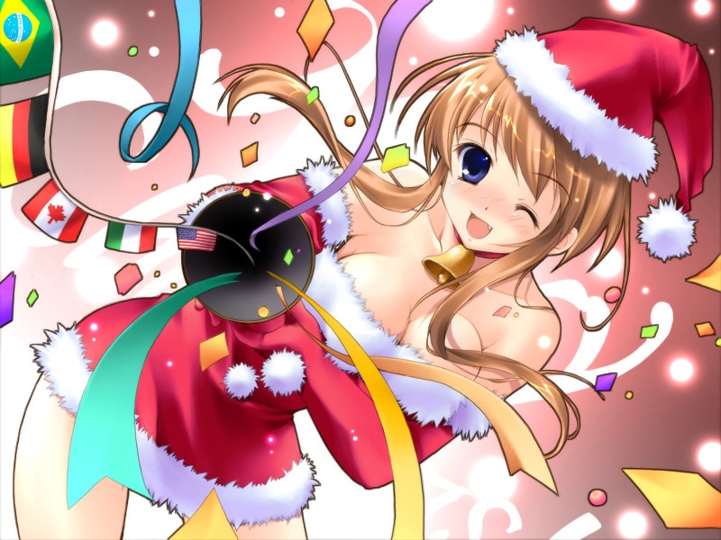 1girls ;d american_flag bare_shoulders bell blue_eyes blush brazilian_flag breasts brown_hair canadian_flag christmas cleavage collar confetti elbow_gloves fang female flag flags_of_all_nations game_cg german_flag gloves hat italian_flag kawahara_mizuha konneko large_breasts mikeou neck_bell nose_blush one_eye_closed open_mouth party_popper ribbon santa_costume santa_gloves santa_hat smile solo string_of_flags