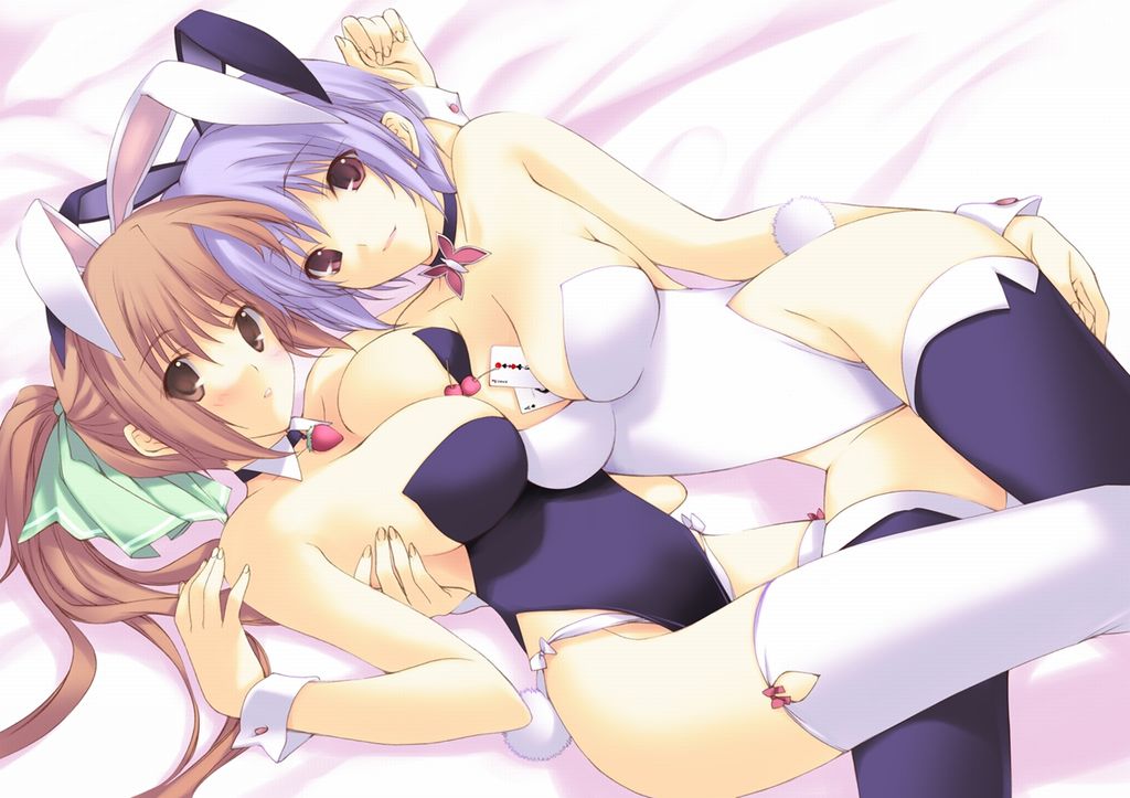 2girls animal_ears ayane_(doa) bed breasts cleavage dead_or_alive female female_only human human_only iizuki_tasuku kasumi_(doa) large_breasts lying multiple_females multiple_girls oppai usamimi yuri