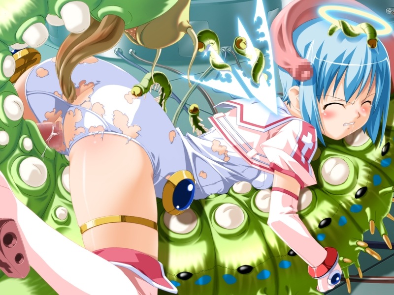 1girls anal anal_insertion angel angel_wings ass bestiality blue_hair blush bodysuit boots censored clothing double_penetration female halo insects jibril makai_tenshi_jibril manabe_rika sex short_hair solo torn_clothes wings worms