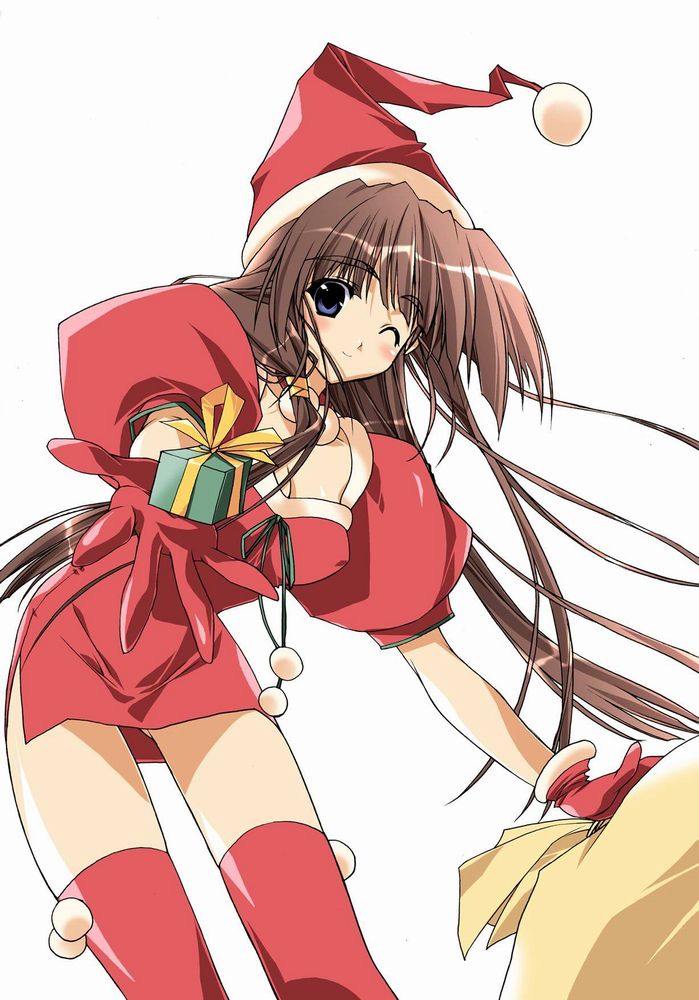 1girls blue_eyes brown_hair christmas comic_pot female gift gloves hat highres holding holding_gift long_hair red_gloves santa_costume santa_hat solo suzuhira_hiro thighhighs