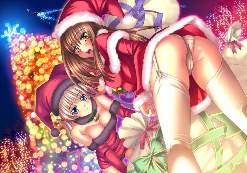 2girls amber_eyes ass black_panties blonde_hair blue_eyes breasts brown_hair christmas christmas_outfit cleavage dutch_angle female female_only garter_belt garter_straps hat kannatsuki_noboru leaning_forward lingerie long_hair looking_at_viewer looking_back medium_breasts multiple_girls panties pantyshot sack santa_costume santa_hat smile surprised thighhighs trefoil underwear upskirt white_panties yellow_eyes