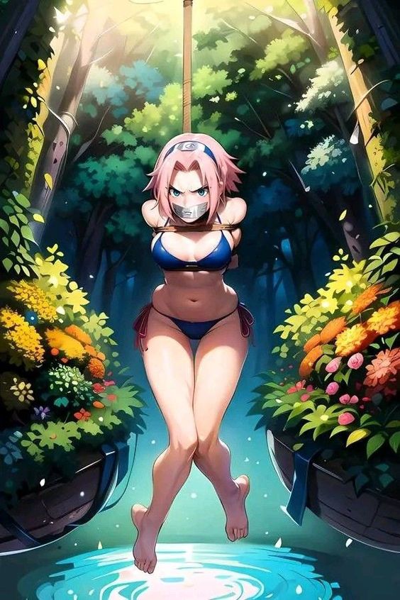 1girls, ai generated, barjoe01, bikini, bondage, female, female only, naruto, naruto (series), naruto shippuden, pink hair, sakura haruno, solo, tape gag
