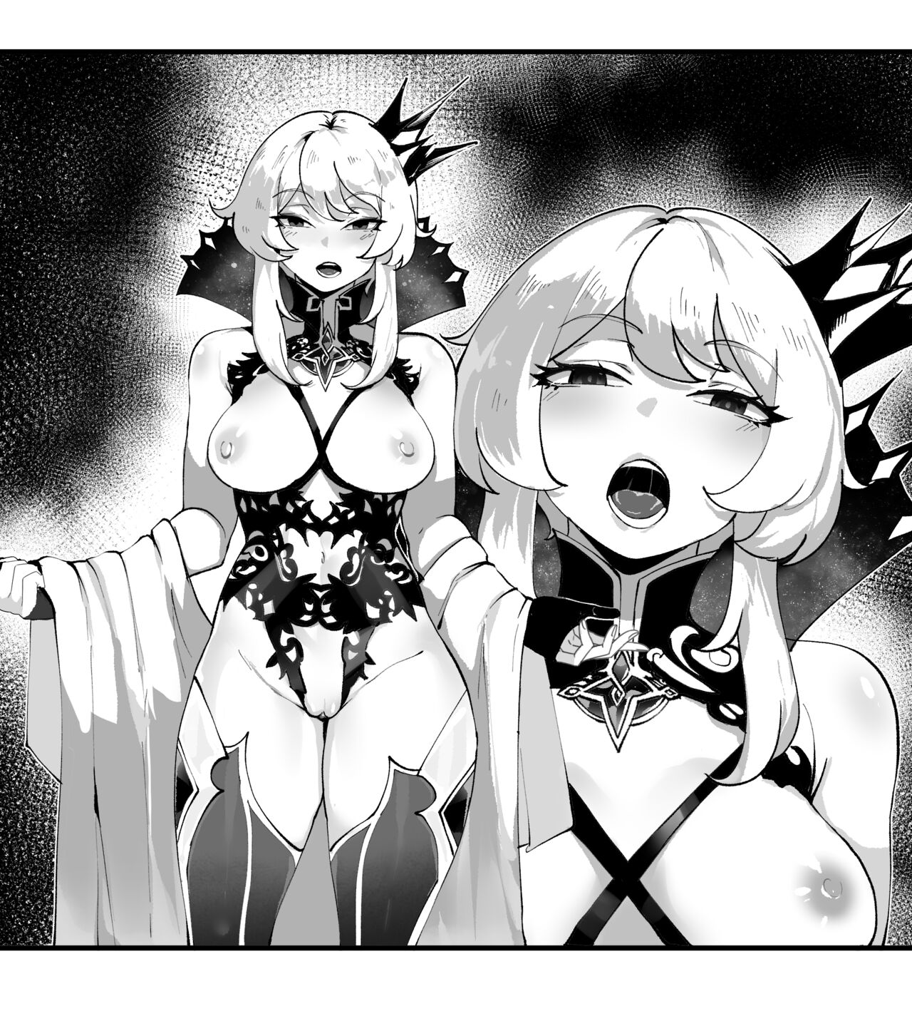 1girls, abyss princess (genshin impact), blush, boobs, breasts, corruption, crown, eyebrows visible through hair, eyelashes visible through hair, female, female only, genshin impact, gloves, greyscale, hair between eyes, highres, looking at viewer, lumine (genshin impact), medium breasts, monochrome, multiple views, navel, nipples, no bra, no panties, open mouth, partially fingerless gloves, pussy, short hair with long locks, thiccwithaq, thick thighs, thighhighs, thighs, tits