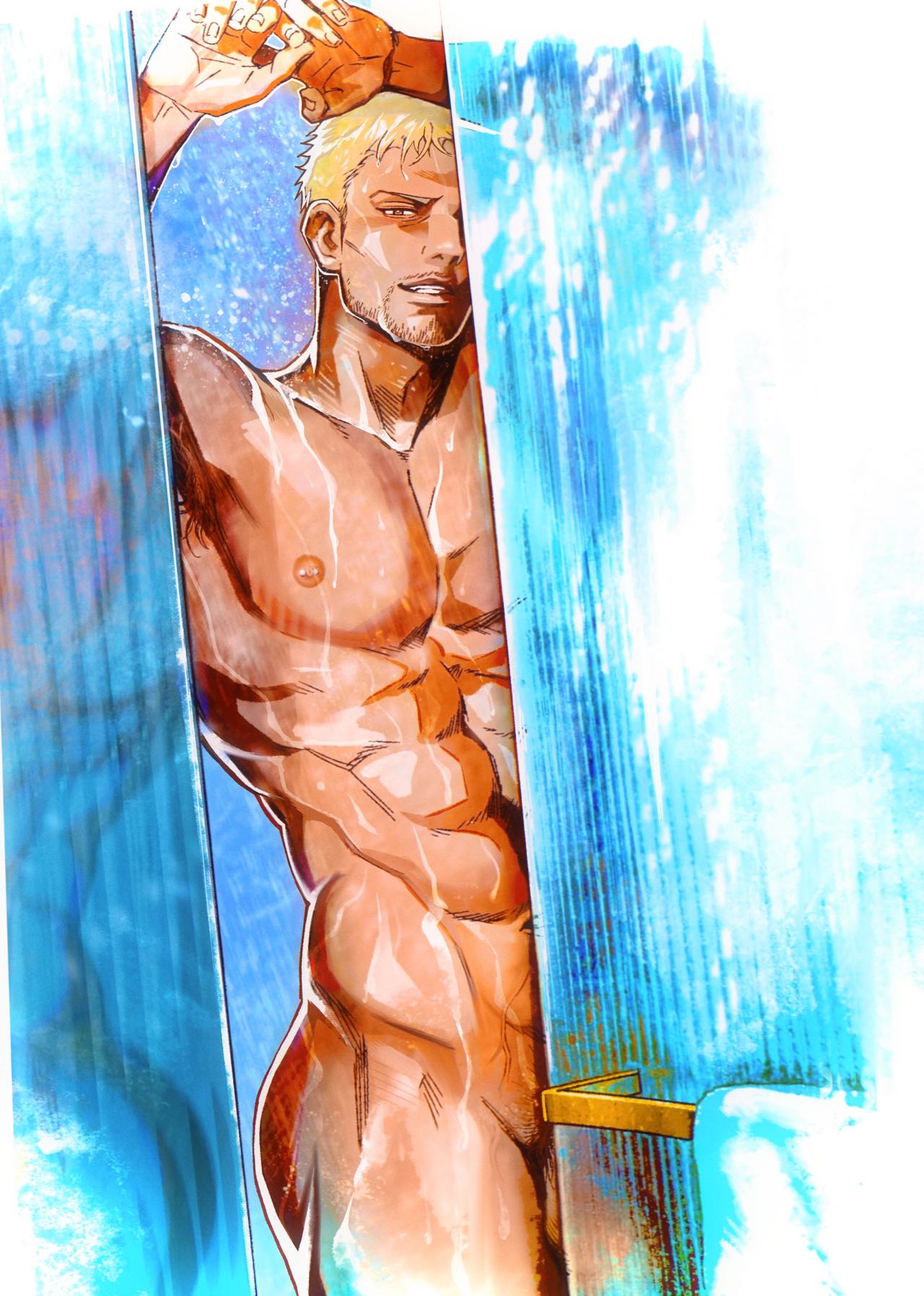 1boy abs adrienwithane armpit_hair armpit_peek armpits arms_up attack_on_titan bara blonde_hair completely_nude convenient_censoring facial_hair feet_out_of_frame goatee hair_slicked_back highres julian_(joryp9) large_pectorals looking_at_viewer male_focus male_only mature_male muscular muscular_male navel nipples nude pectorals reiner_braun seductive_smile shingeki_no_kyojin short_hair shower_(place) sideburns smile solo solo_male standing stomach stubble testicle_peek thighs toned wet wet_hair