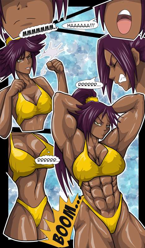 abs, bleach, comic, dark skin, dark-skinned female, english text, female, female only, flexing, muscle growth, muscles, muscular, muscular female, page 2, purple hair, shihouin yoruichi, vertigo66, yellow bikini, yellow eyes