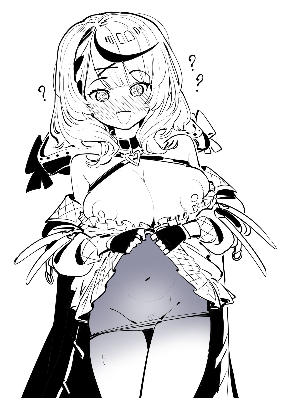 1girls, big breasts, big hips, big nipples, black and white, blush, breasts, dismassd, female, hololive, hololive japan, holox, large breasts, lifting skirt, mind control, panties, question mark, sakamata chloe, short hair, solo, solo female, solo focus, virtual youtuber, vtuber