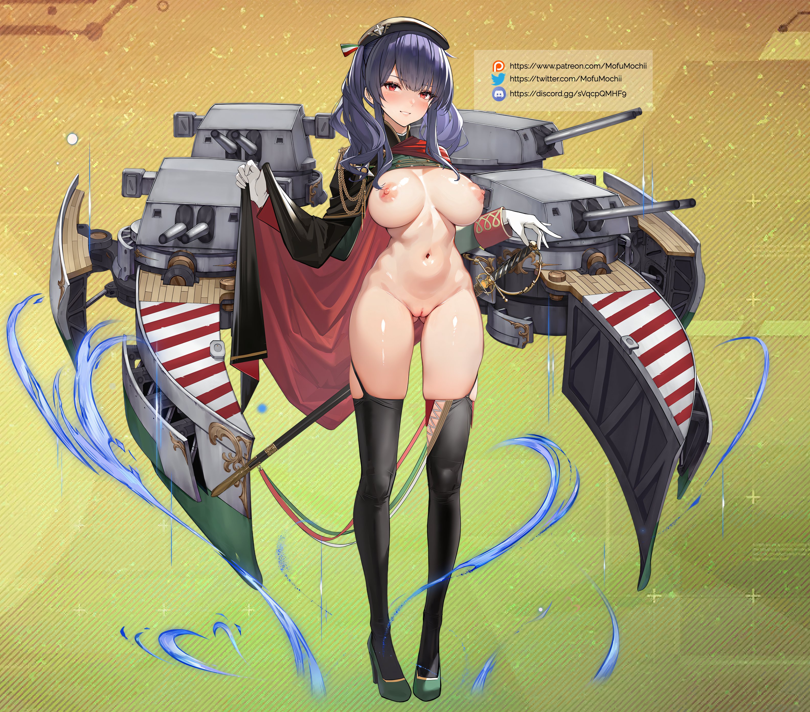 1girls, areolae, azur lane, big breasts, breasts, female, female only, light skin, light-skinned female, looking at viewer, mofumochii, naked footwear, nipples, pola (azur lane), purple hair, pussy, smile, solo, tagme, thighhighs, thighs, uncensored