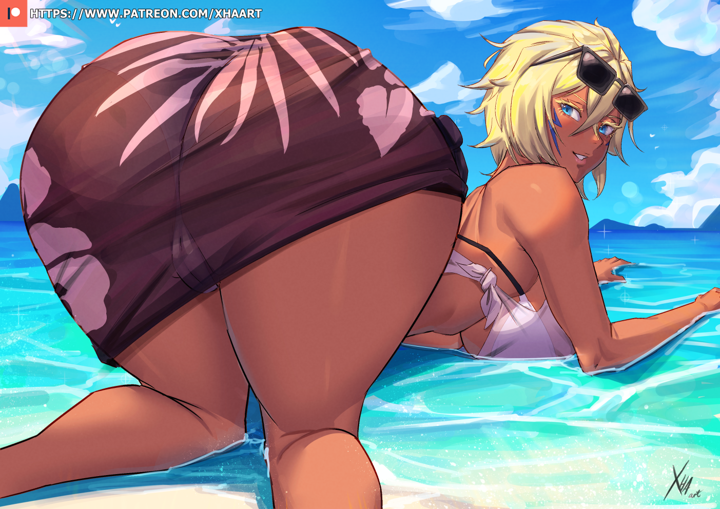 ass, ass focus, beach, bleach, blonde hair, blue eyes, caked up, eyewear on head, fat ass, female, gigantic ass, gigantic butt, sunglasses, sunglasses on head, swimsuit, tagme, tia harribel, xhaart