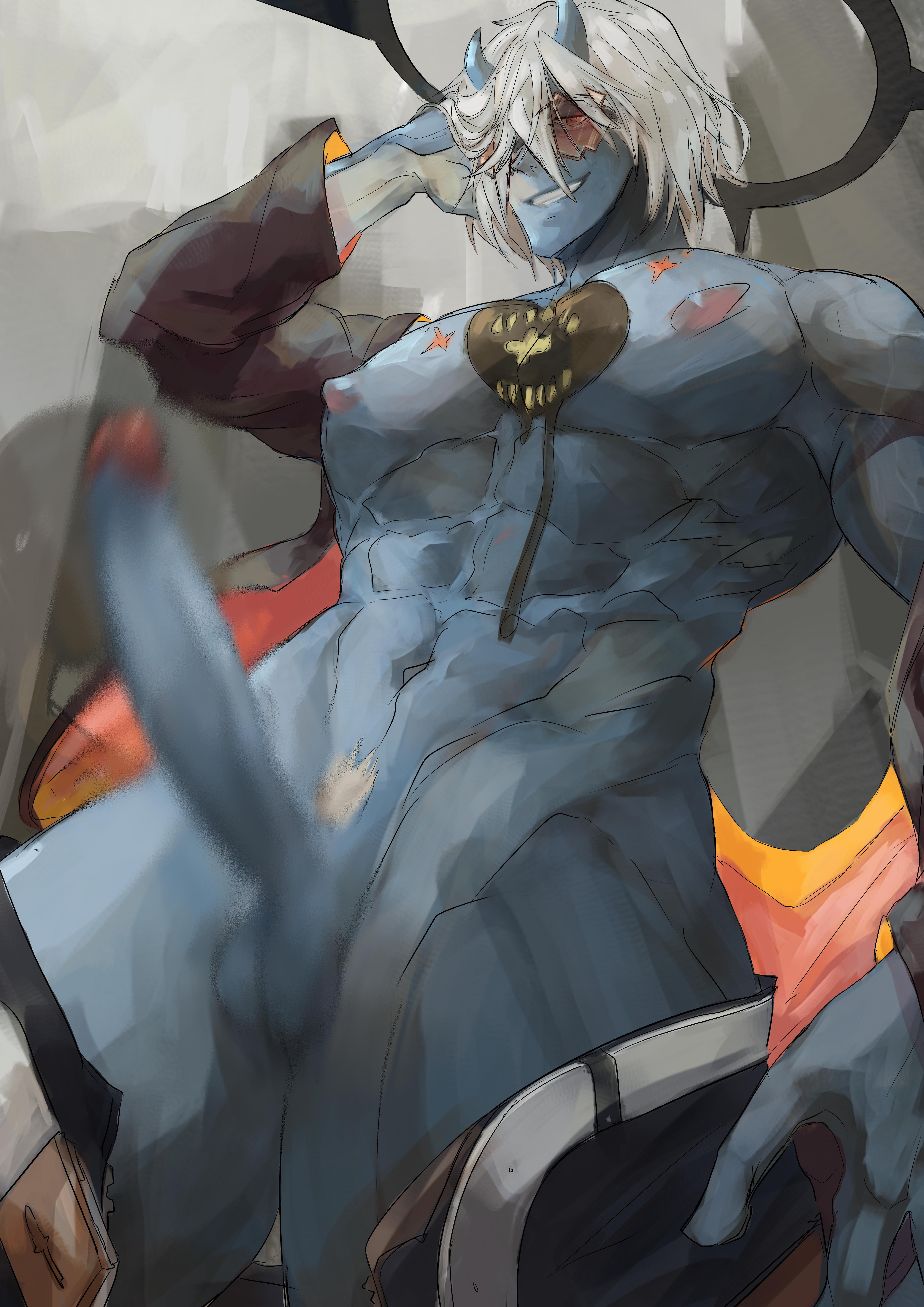 1boy, bara, blue skin, demon, demon boy, erection, guilty gear, guilty gear strive, happy chaos, male, male focus, male only, pubic hair, sunglasses, white hair, yaoi
