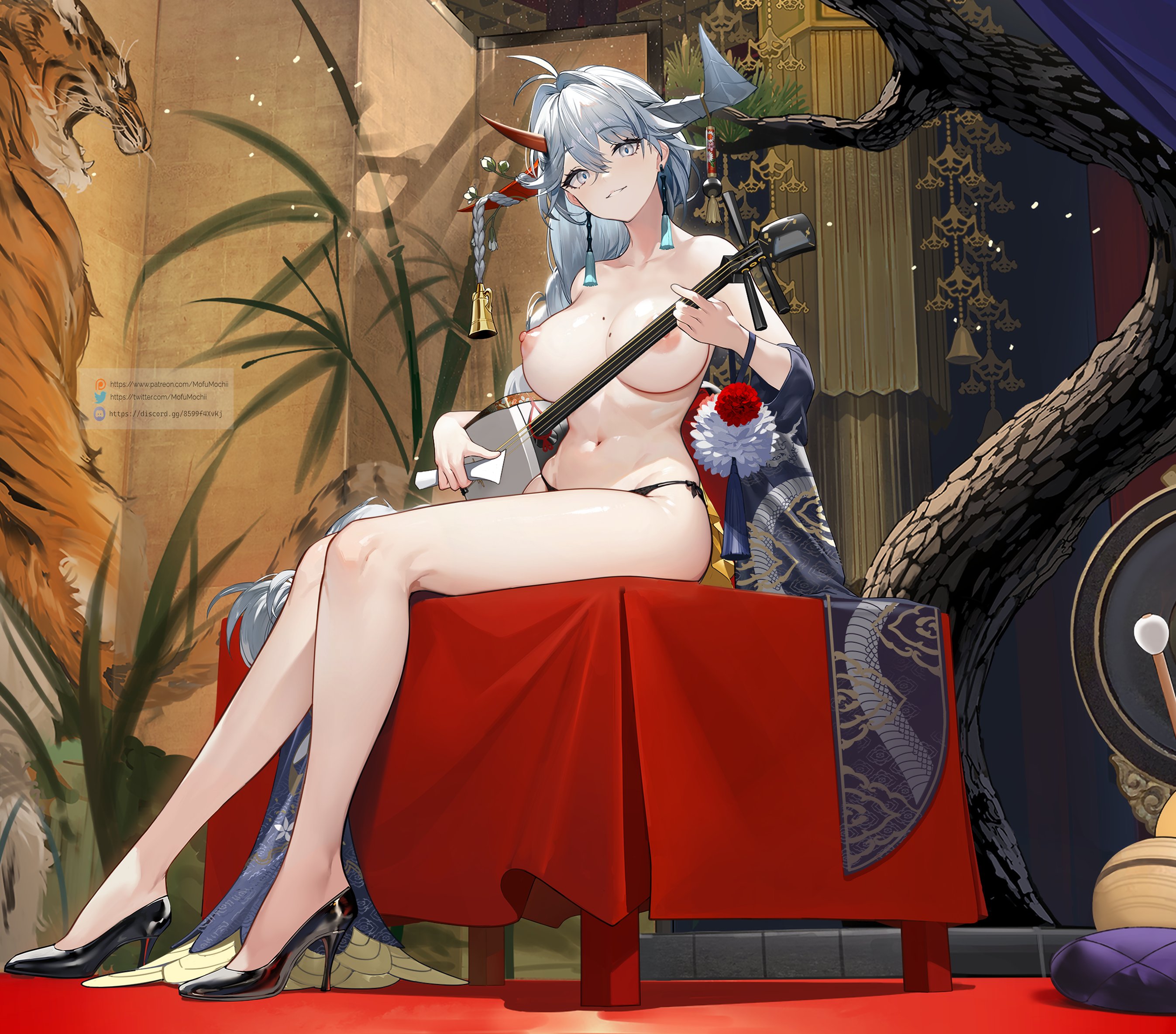 1girls, azur lane, black panties, breasts, female, female only, hakuryuu (azur lane), hakuryuu (flash of silk and strings) (azur lane), high heels, horns, light skin, light-skinned female, long hair, long legs, looking at viewer, mofumochii, nipples, pale skin, panties, practically nude, sakura empire (azur lane), silver eyes, silver hair, smile, solo, tagme, uncensored