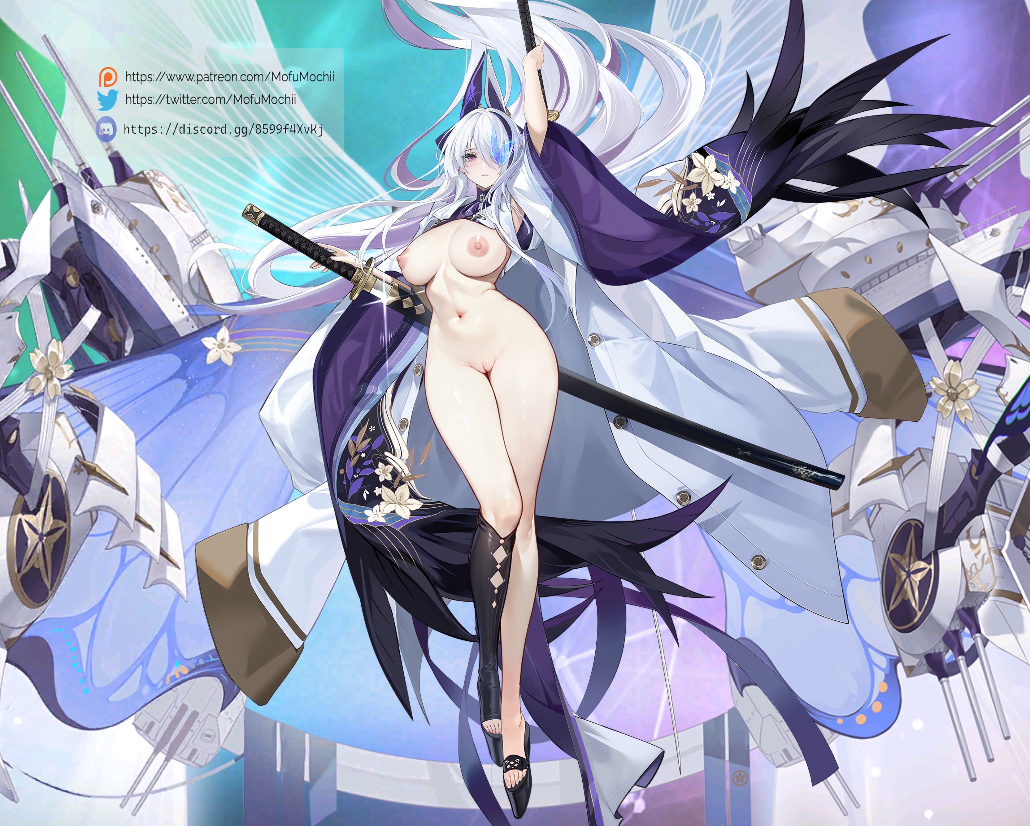 1girls, azur lane, breasts, female, female only, katana, light skin, light-skinned female, long hair, looking at viewer, mofumochii, naked footwear, nipples, pale skin, practically nude, pussy, solo, sword, tagme, uncensored, unzen (azur lane), white hair