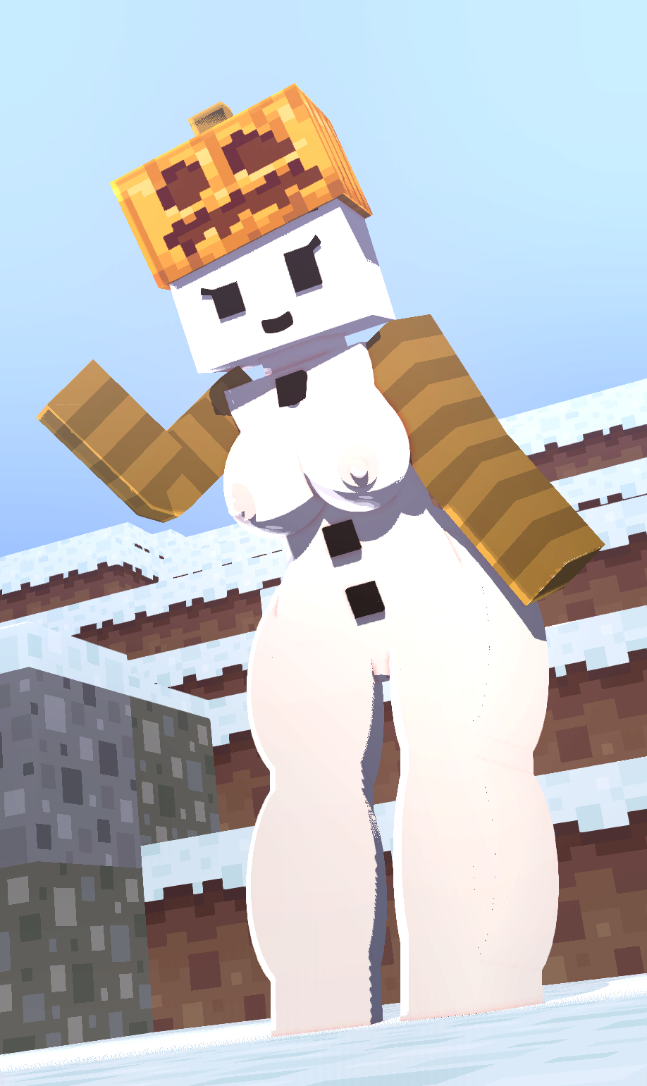 1girls 3d bean breasts coresvoid erect_nipples female female_only golem horny_female humanoid mine-imator minecraft nude_female outside pumpkin_head smile snow snow_girl snow_golem solo solo_female tagme wet_pussy