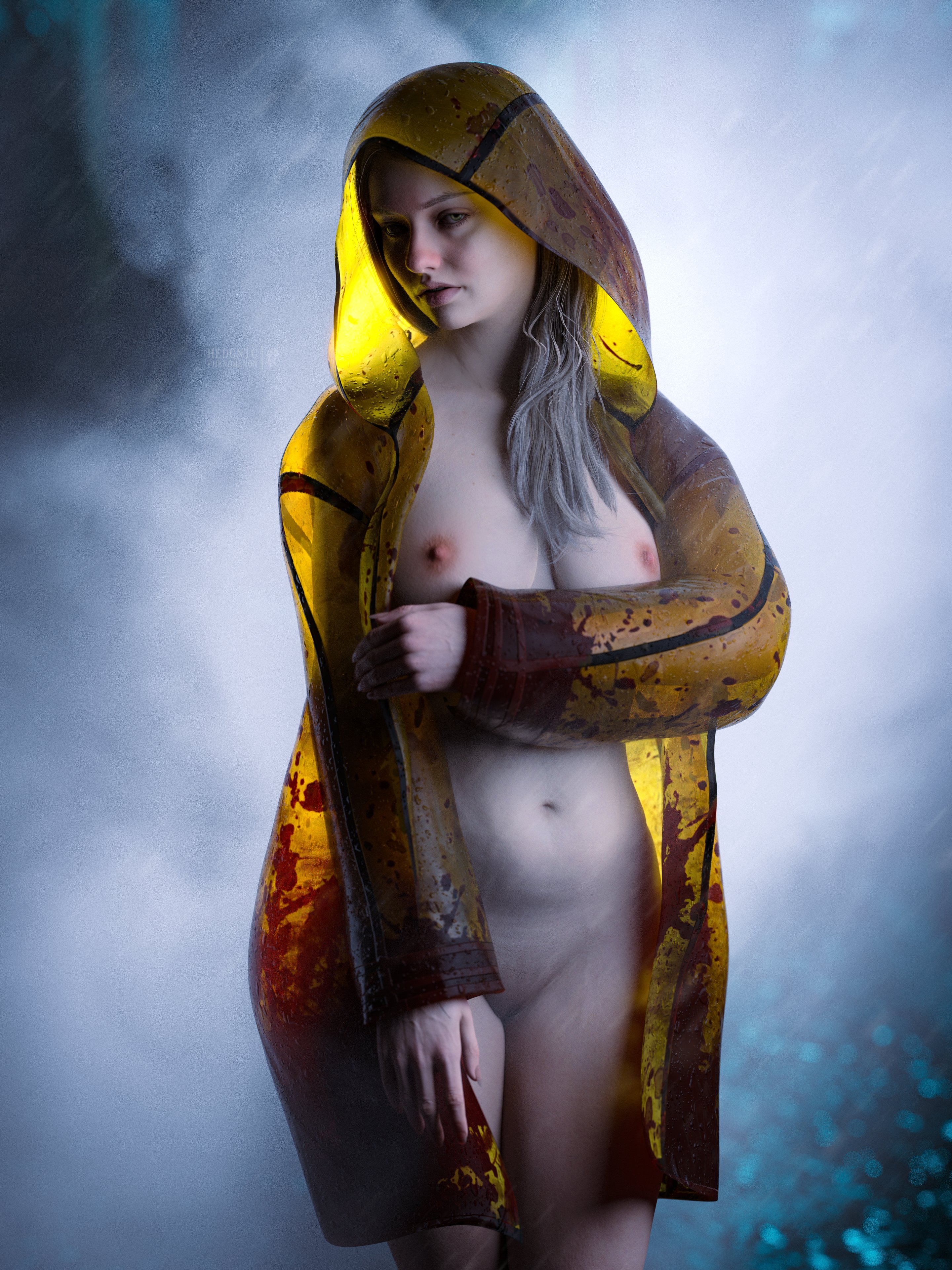 3d, areolae, big breasts, blonde hair, blue eyes, breasts, busty, capcom, casual, coat, coat only, female, female focus, female only, hedonicphenomenon, hourglass figure, human, light skin, light-skinned female, long hair, navel, nipples, nude, nude female, nudity, outerwear, pale skin, pale-skinned female, pinup, pinup pose, pussy, rain, realistic, resident evil, resident evil 8: village, rosemary winters, shaved pussy, standing, tagme, vagina, wide hips