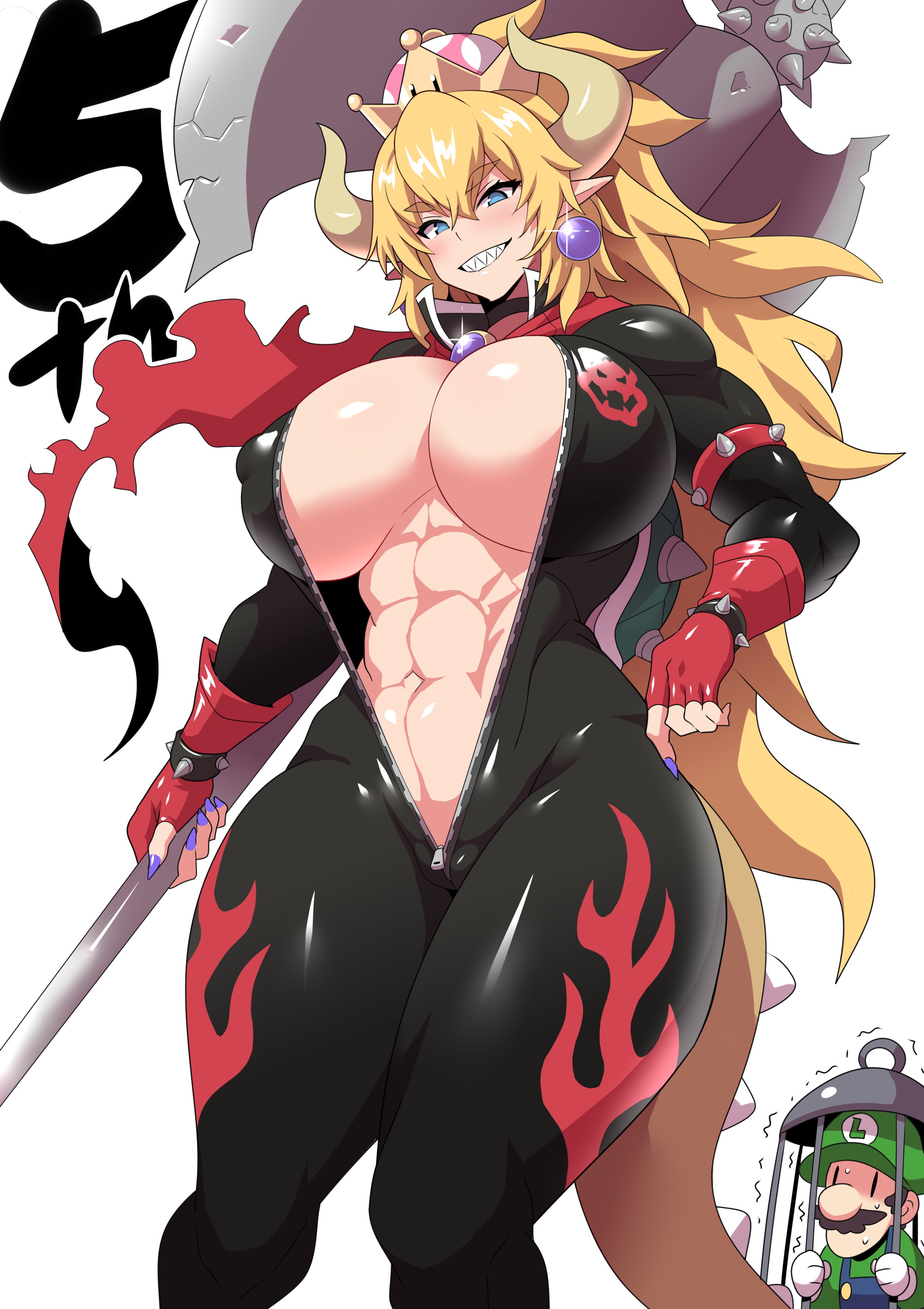 1girls, abs, axe, blonde hair, blue eyes, bodysuit, bowsette, breasts, cleavage, female, higher resolution available, holding object, horns, huge breasts, konno tohiro, light skin, light-skinned female, long hair, luigi, mario (series), new super mario bros. u deluxe, nintendo, pointy teeth, super mario bros., super mario bros. (2023 film), unzipped bodysuit, weapon