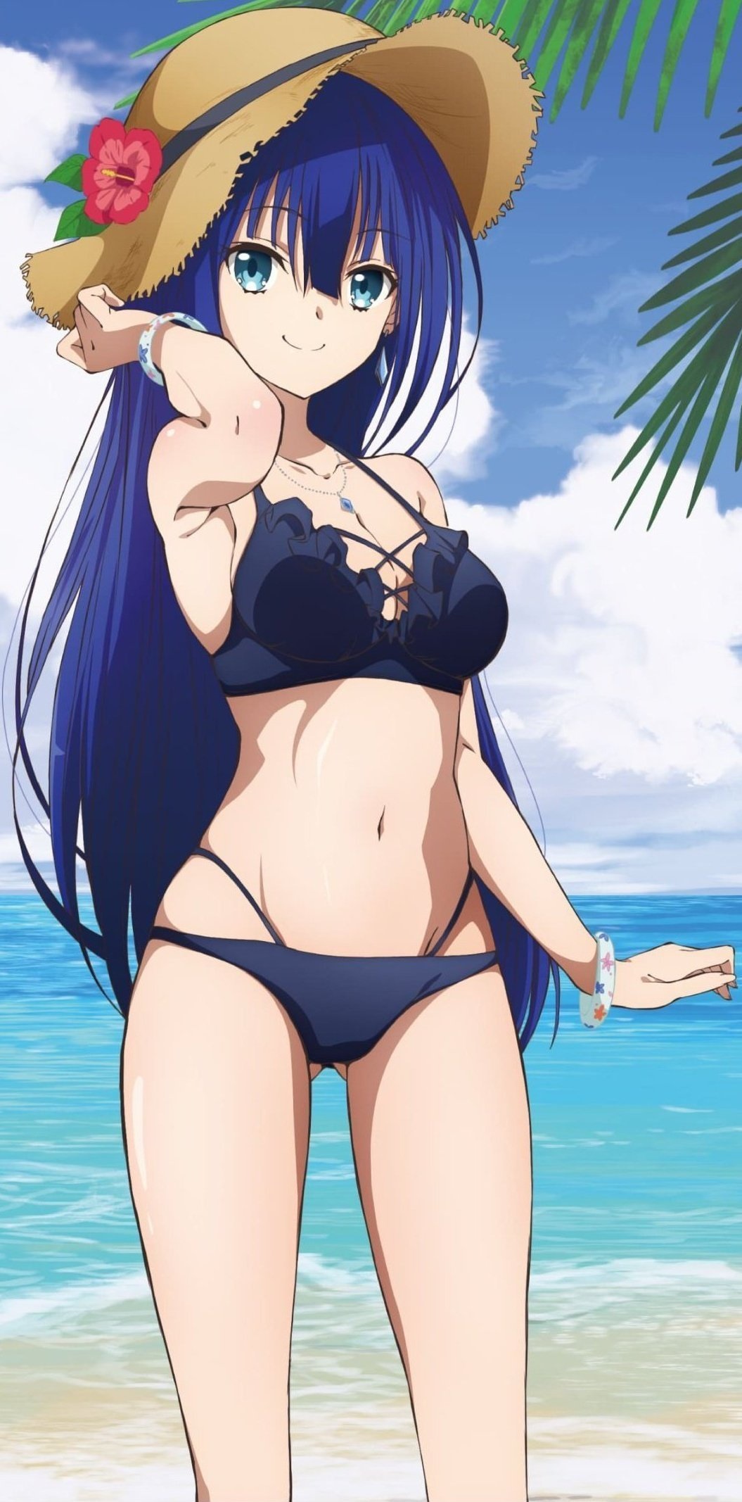 1girls arm_behind_head beach big_breasts bikini blue_bikini blue_eyes blue_hair breasts busty cleavage engage_kiss female female_only highres large_breasts legs looking_at_viewer navel ocean official_art pose posing smile solo sports_bra sportswear swimsuit thighs water yuugiri_ayano