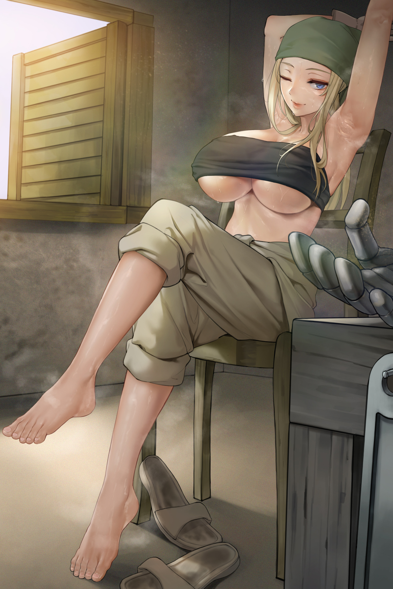 1girls arm_up armpit armpit_crease armpit_fetish armpit_musk armpit_peek armpits arms_up bandana bandanna barefoot big_breasts blonde_female blonde_hair blue_eyes breasts busty clothed feet female female_only fullmetal_alchemist fullmetal_alchemist_brotherhood gigantic_breasts huge_breasts large_breasts light-skinned_female light_skin looking_at_viewer mechanic mechanic_outfit mostly_clothed musk musky_armpit mute_(mute89539160) one_eye_closed revealing_clothes sandals sandals_removed seductive_eyes seductive_look sexy_armpits shoes_off shoes_removed steam steaming_body sweat sweating sweaty sweaty_feet tagme tight_clothing toenails toes underboob unworn_shoes winry_rockbell