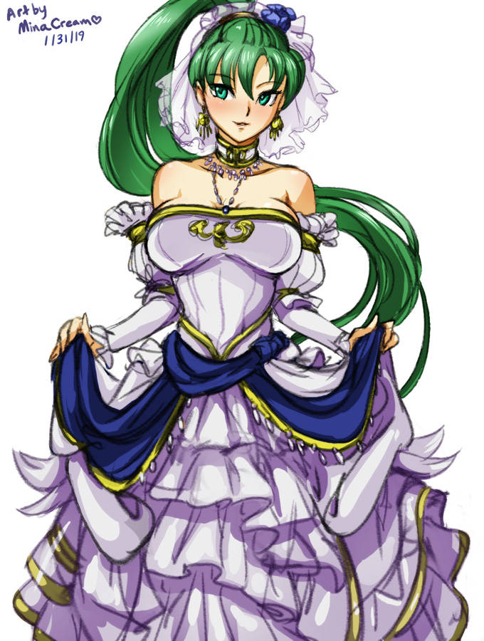 1girls alternate_costume breasts bride choker dress earrings fire_emblem fire_emblem:_the_blazing_blade fire_emblem_heroes green_eyes green_hair large_breasts lyn_(bridal)_(fire_emblem) lyn_(fire_emblem) minacream necklace nintendo official_alternate_costume ponytail strapless strapless_dress wedding_dress white_dress