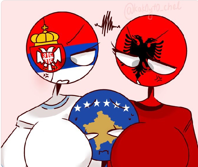 1boy 2022 2girls albania_(countryhumans) angry angry_face big_boobs big_breasts blue_skin boobs boobs_between_head boobs_on_head breast clothed clothed_female countryhumans countryhumans_girl eye_contact eye_patch female kak0yt0_chel kosovo_(countryhumans) looking_at_each_other looking_at_viewer male no_hair pink_background red_shirt red_skin serbia_(countryhumans) simple_shading tagme tagme_(artist) white_eyes white_shirt white_skin