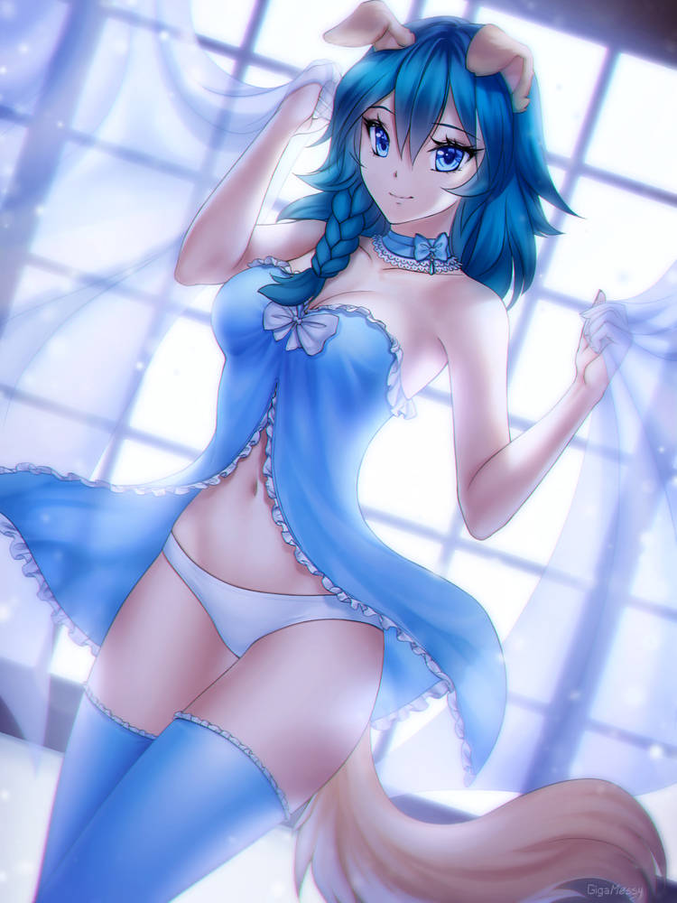 1girls blue_eyes blue_hair blue_lingerie blue_negligee blue_panties braided_hair breasts choker curtains dog_ears dog_girl dog_tail gigamessy lingerie looking_at_viewer medium_breasts midriff navel negligee original panties thighhighs window