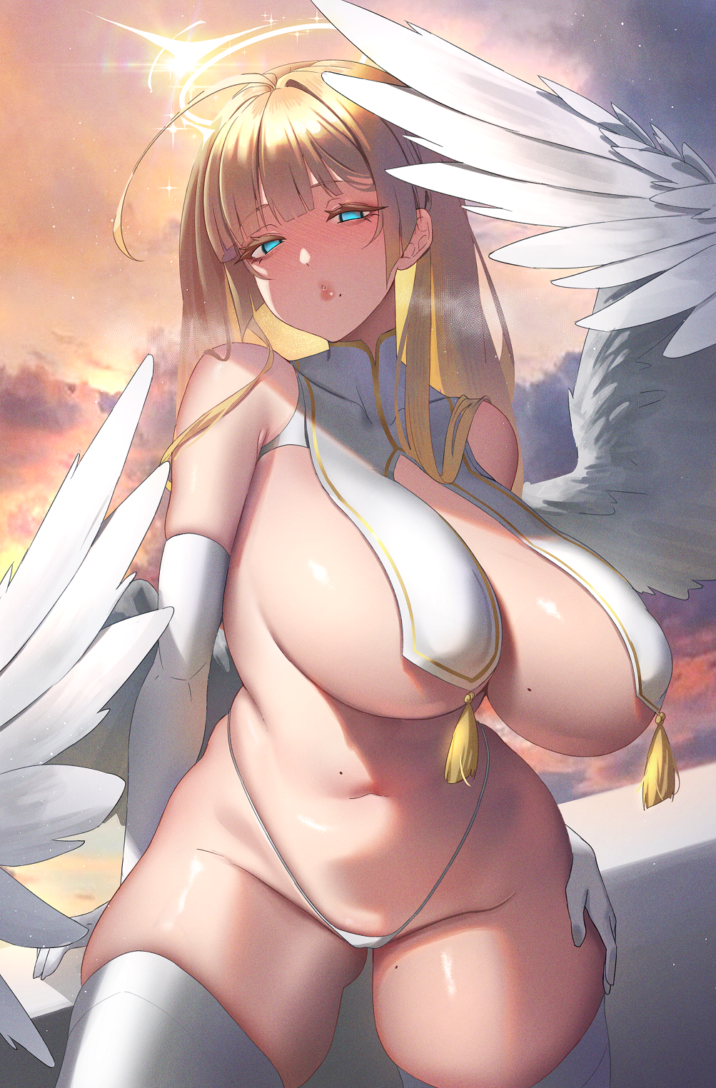 1girls 2023 ahoge angel angel_wings anima_(togashi) ass_visible_through_thighs bare_shoulders blonde_hair blue_eyes blush breast_curtains breasts clothing cloud elbow_gloves eyebrows_visible_through_hair feathered_wings feathers female female_only gloves half-closed_eyes halo hand_on_thigh highleg highleg_panties highres huge_breasts long_hair looking_at_viewer midriff mole mole_on_breast mole_on_stomach mole_on_thigh mole_under_mouth original outdoors panties precarious_clothing revealing_clothes seductive skindentation sky solo standing sunset tassel thick_thighs thighhighs thighs thong underwear white_gloves white_panties wings