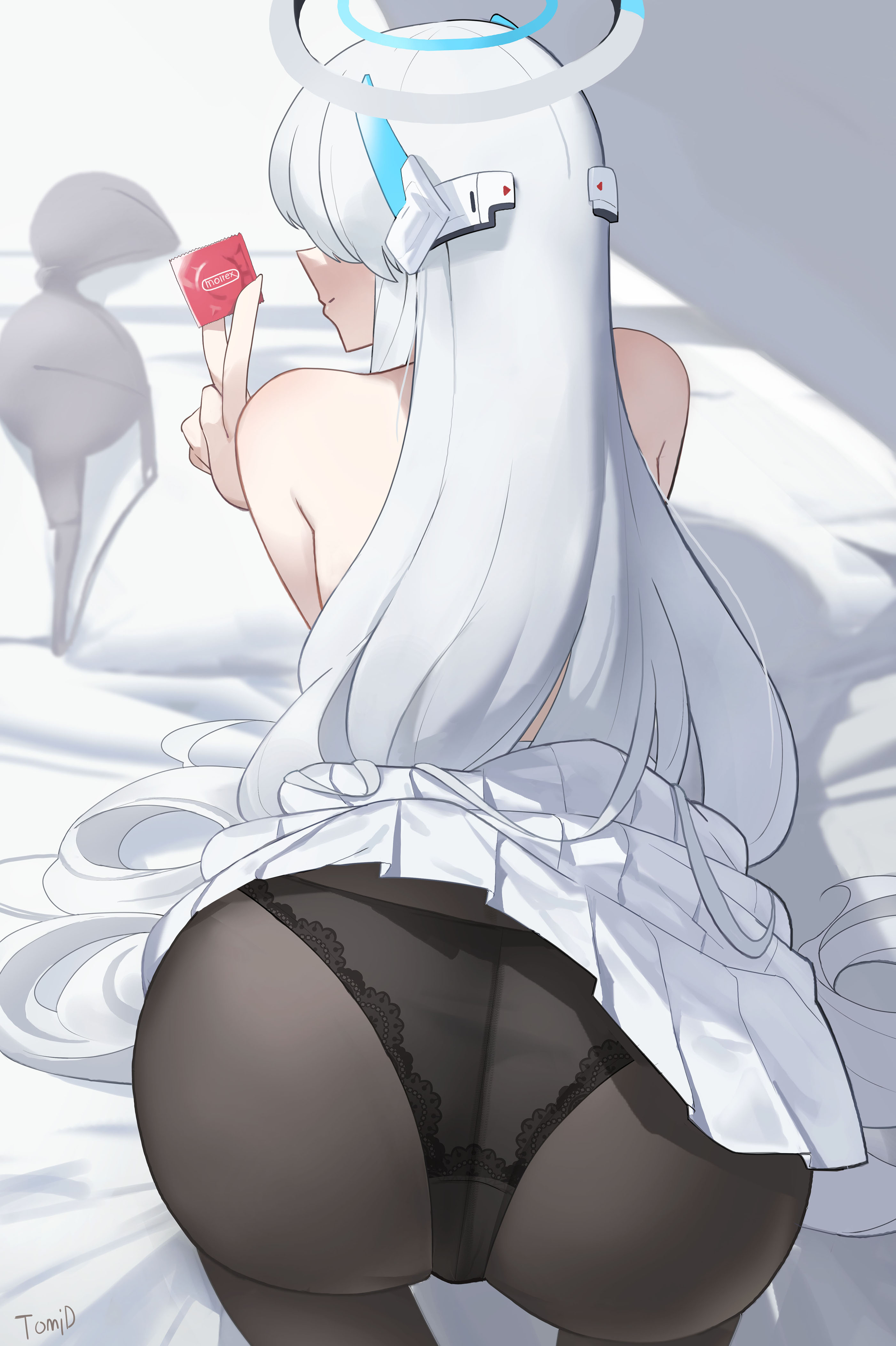 1girls, absurd res, all fours, ass, bed, black legwear, black panties, black pantyhose, blue archive, blush, bra, bra removed, condom, condom wrapper, female, grey bra, halo, headgear, holding condom, lace-trimmed panties, long hair, millennium science school student, noa (blue archive), panties, panties under pantyhose, pleated skirt, seminar (blue archive), skirt, smile, solo, solo female, tomid, topless, underwear, white hair, white skirt