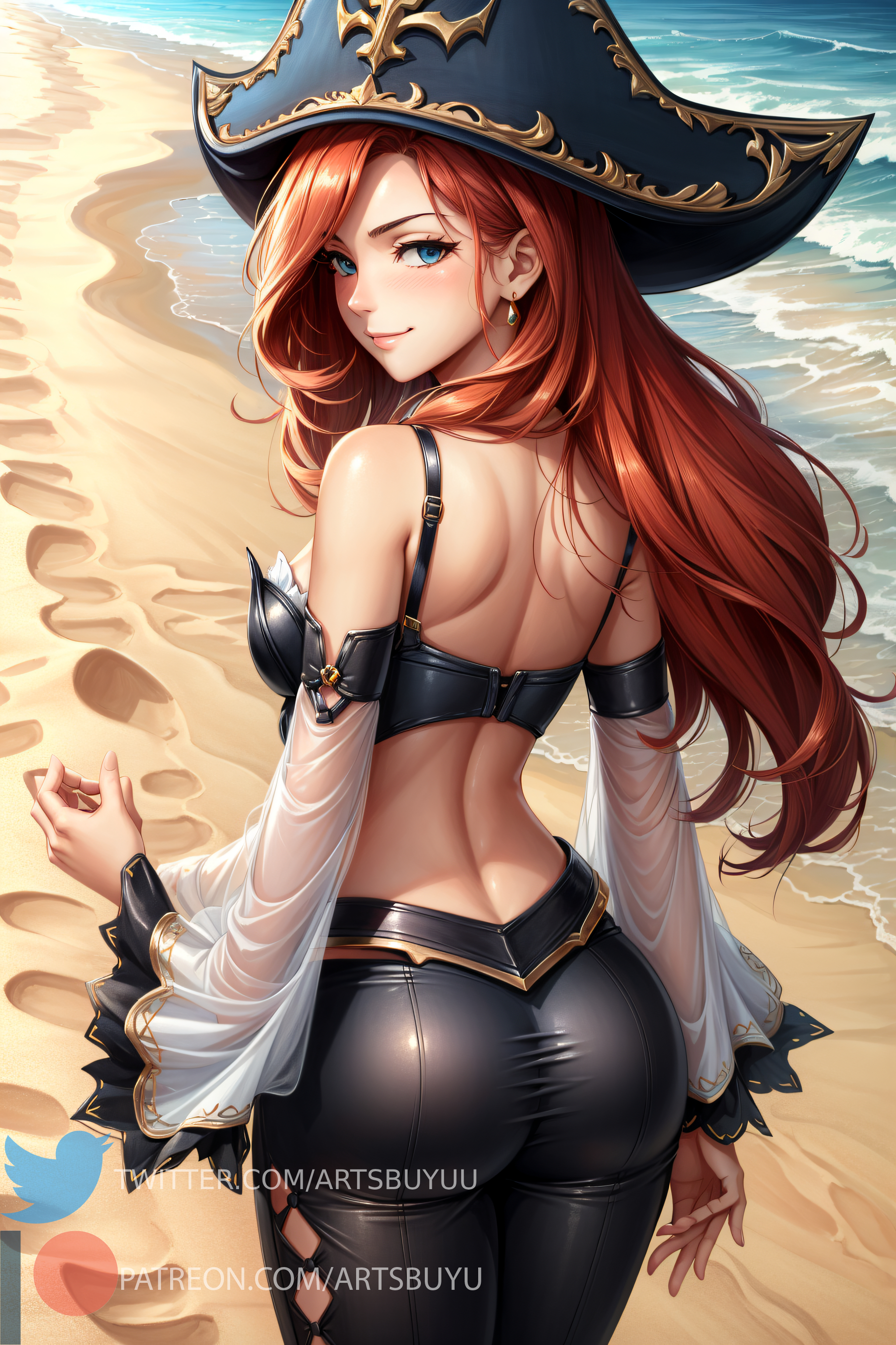 1girls, ai generated, ass, ass focus, bangs, bikini, black bikini, black bra, black pants, blush, bra, breasts, detached sleeves, embarrassed, female, frilled bikini, from behind, hair between eyes, hat, hi res, large breasts, league of legends, leggings, long hair, looking at viewer, miss fortune, naughty face, pants, pirate hat, red hair, see-through, see-through clothing, sidelocks, smile, stable diffusion, tight clothing, white sleeves