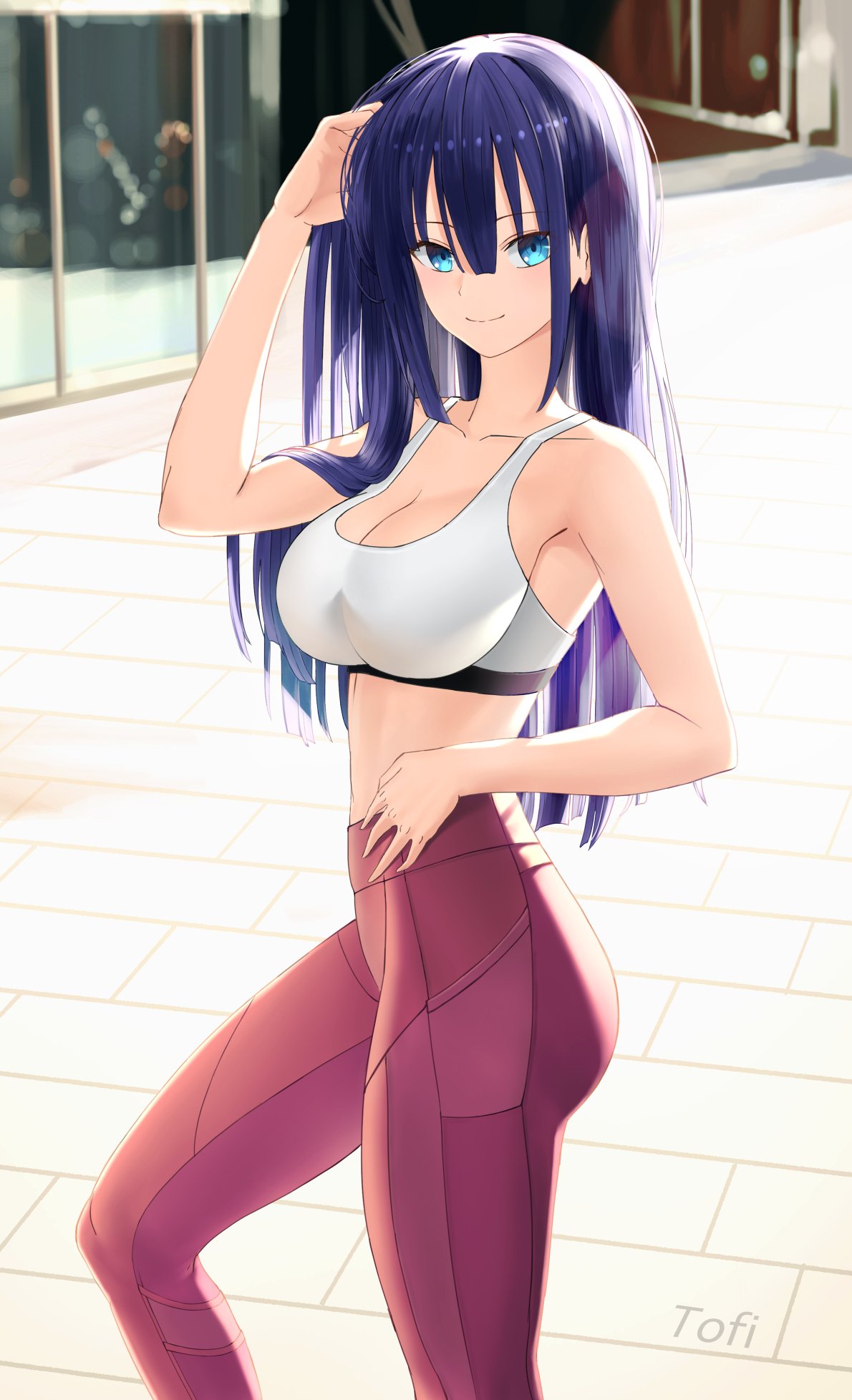 1girls arm_behind_head artist_name ass big_breasts blue_eyes blue_hair breasts busty cleavage confident engage_kiss from_side hand_on_hip highres large_breasts legs looking_at_viewer midriff model_pose navel pants pose posing seductive_smile sensual smile solo sports_bra sportswear thighs yoga_pants yuugiri_ayano