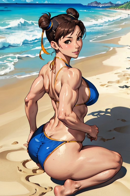 ai_generated aig1587 beach bikini blue_clothing brown_hair chun-li sitting sitting_on_sand smile street_fighter