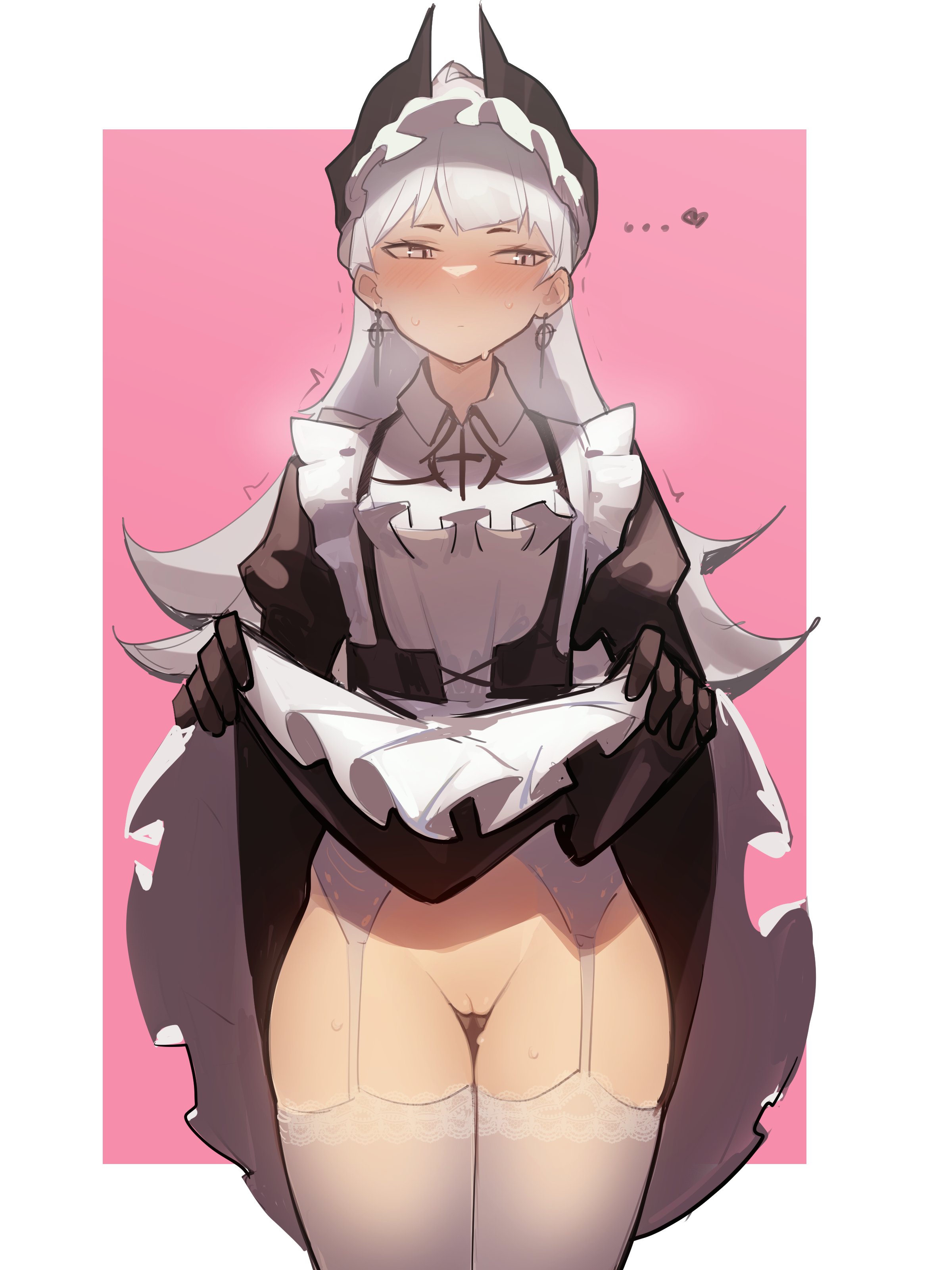 1girls, arknights, blush, commando, cute, dress, dress lift, earrings, embarrassed, female, female only, garter belt, garter straps, gloves, grey eyes, hairless pussy, half-closed eyes, heart, heavy breathing, highres, irene (arknights), legs, legwear, light skin, light-skinned female, long hair, looking at viewer, looking away, maid, maid headdress, maid uniform, nervous, ninra, presenting, presenting pussy, pussy, shaved pussy, shy, skirt, skirt lift, solo, spoken heart, standing, stockings, sweatdrop, sweating, thick thighs, thighhighs, thighs, trembling, uncensored, vagina, white garter belt, white hair, white legwear, white stockings, wide hips
