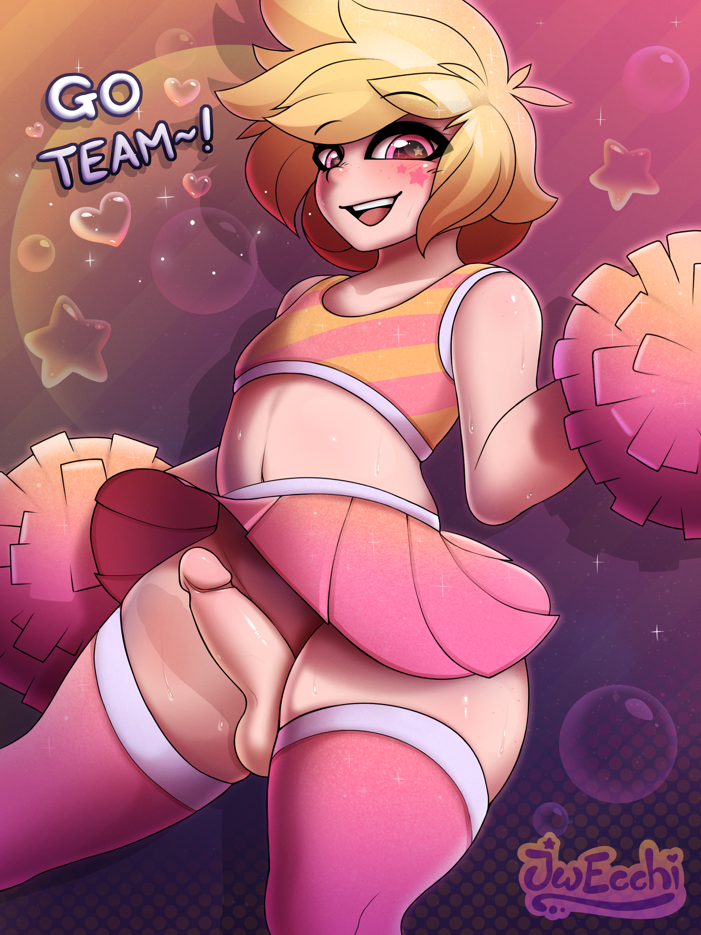 1boy, balls, blonde hair, cheerleader, dick, erection, erection under clothes, erection under skirt, femboy, glitter, jwecchi (artist), looking at viewer, male, male only, nyck (jwecchi), penis, pom poms, solo, solo male, text, thick thighs, thighhighs