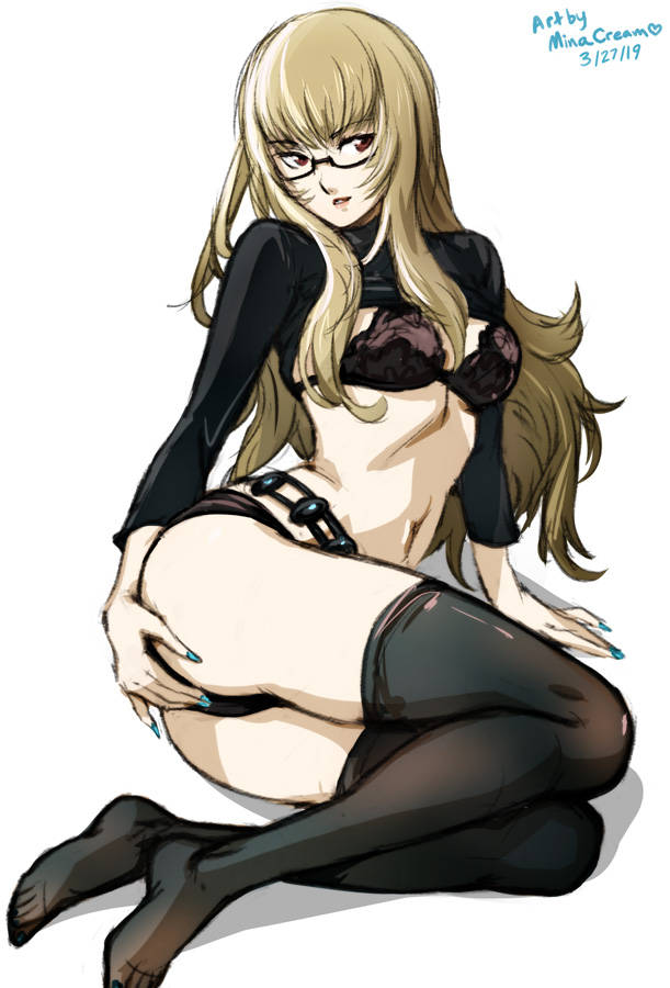 1girls atlus black_bra black_panties black_pantyhose black_shirt blonde_hair bra breasts brown_eyes catherine_(game) female female_only glasses katherine_mcbride large_breasts long_hair midriff minacream painted_fingernails panties pantyhose shirt shirt_lift solo