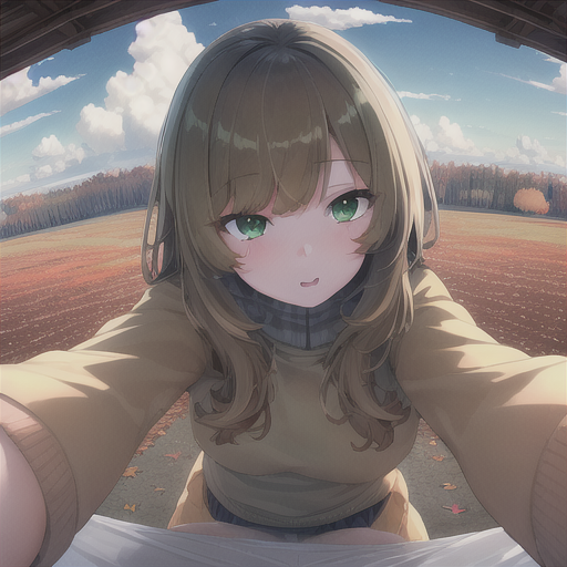 5_point_perspective ai_generated artist_request autumn brown_hair cumulonimbus_cloud fisheye_lens forest green_eyes hi_res long_hair original original_character user_lovespike