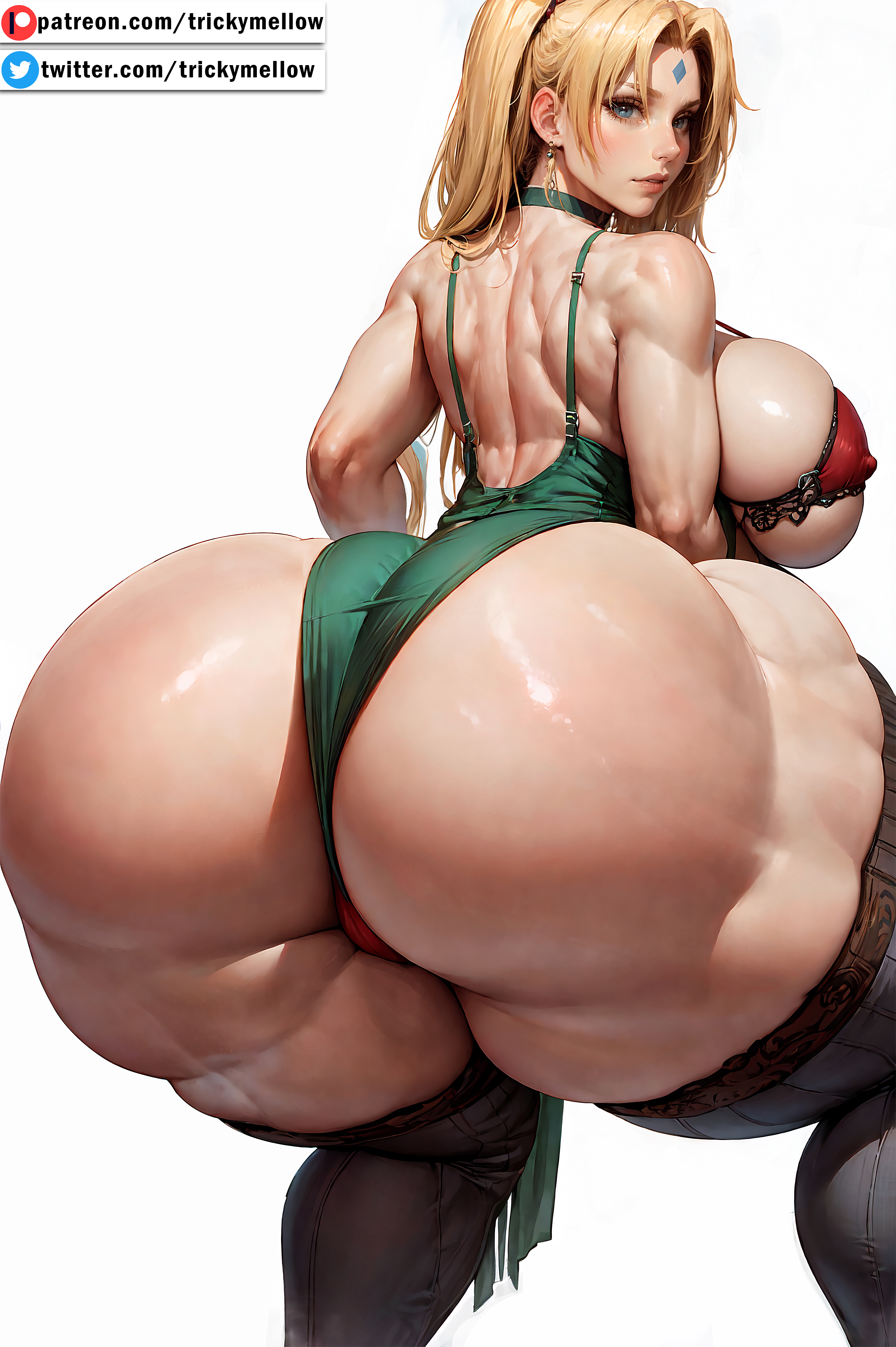 1girls, 2023, ai generated, arched back, ass, ass focus, back, bangs, bent over, big ass, big breasts, big butt, black legwear, blonde hair, blue eyes, blush, boruto: naruto next generations, bra, breasts, bubble ass, bubble butt, cameltoe, choker, covered nipples, curvaceous, curvy, curvy body, curvy female, curvy figure, dress, earrings, female, female focus, female only, from behind, gigantic ass, hi res, high resolution, highres, huge ass, huge breasts, lace, lace-trimmed legwear, large breasts, lingerie, lips, long hair, looking at viewer, looking back, mature, mature female, milf, naruto, naruto (series), naruto shippuden, panties, parted lips, pink lips, pussy, red bikini, seductive, seductive look, shiny, shiny hair, shiny skin, sideboob, simple background, skindentation, solo, thick, thick thighs, thighhighs, thighs, trickymellow, tsunade, underwear, voluptuous, voluptuous female, white background, wide hips