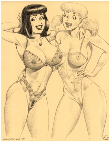 2003 2girls archie_comics areolae armpits betty_and_veronica betty_cooper big_breasts bra breasts duo duo_female erect_nipples female female_only julius_zimmerman lingerie monochrome nipples panties see-through_bra see-through_panties tagme veronica_lodge